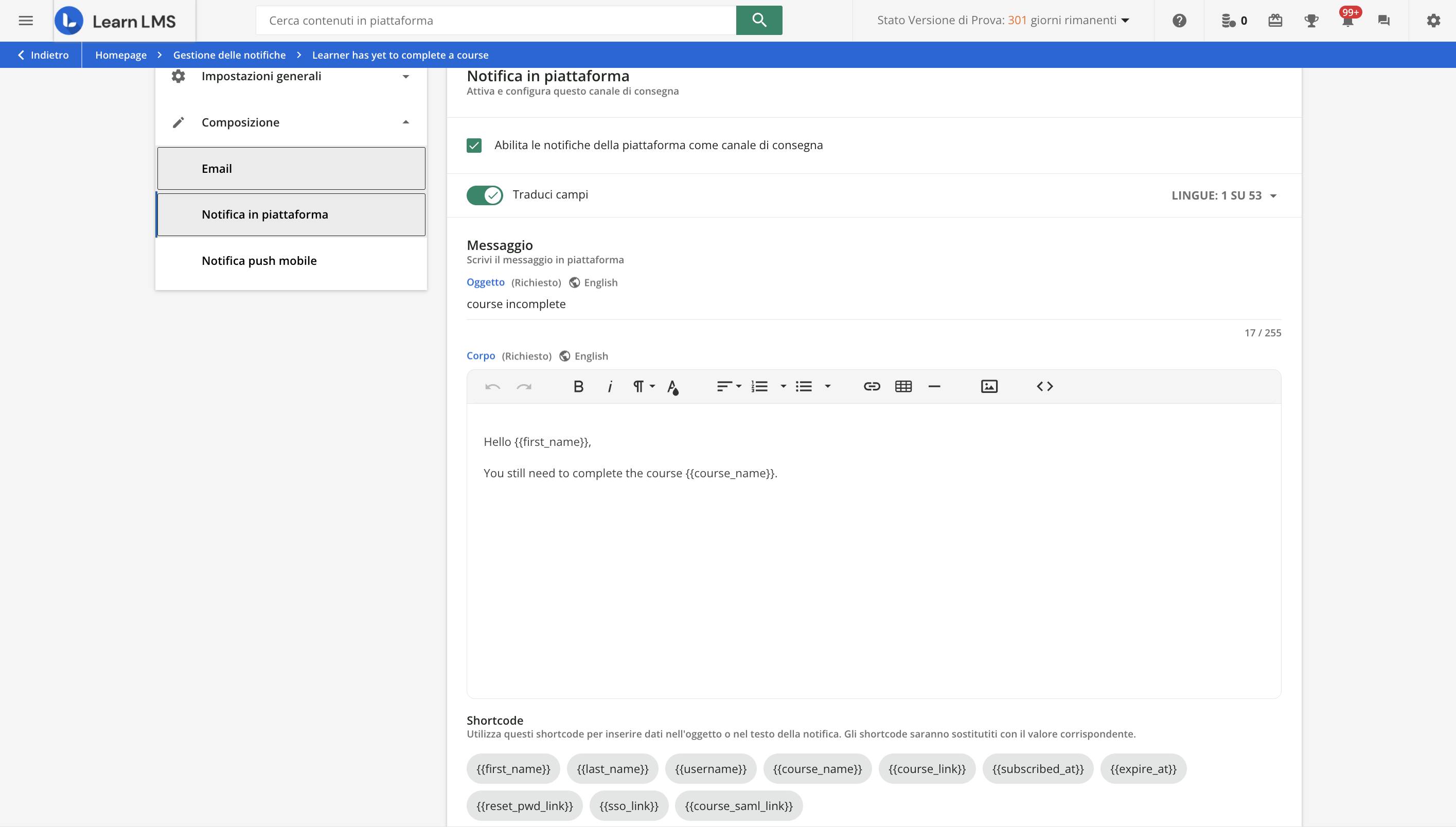 Scrivere il messaggio della notifica.