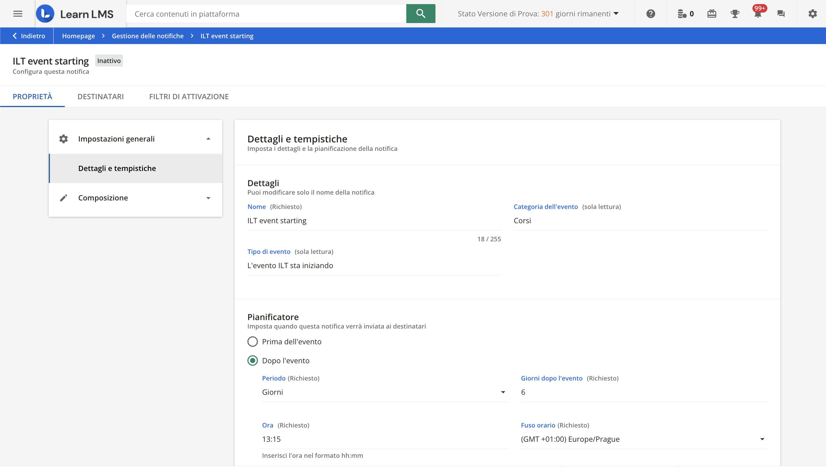 Impostare i dettagli e le tempistiche di una notifica.
