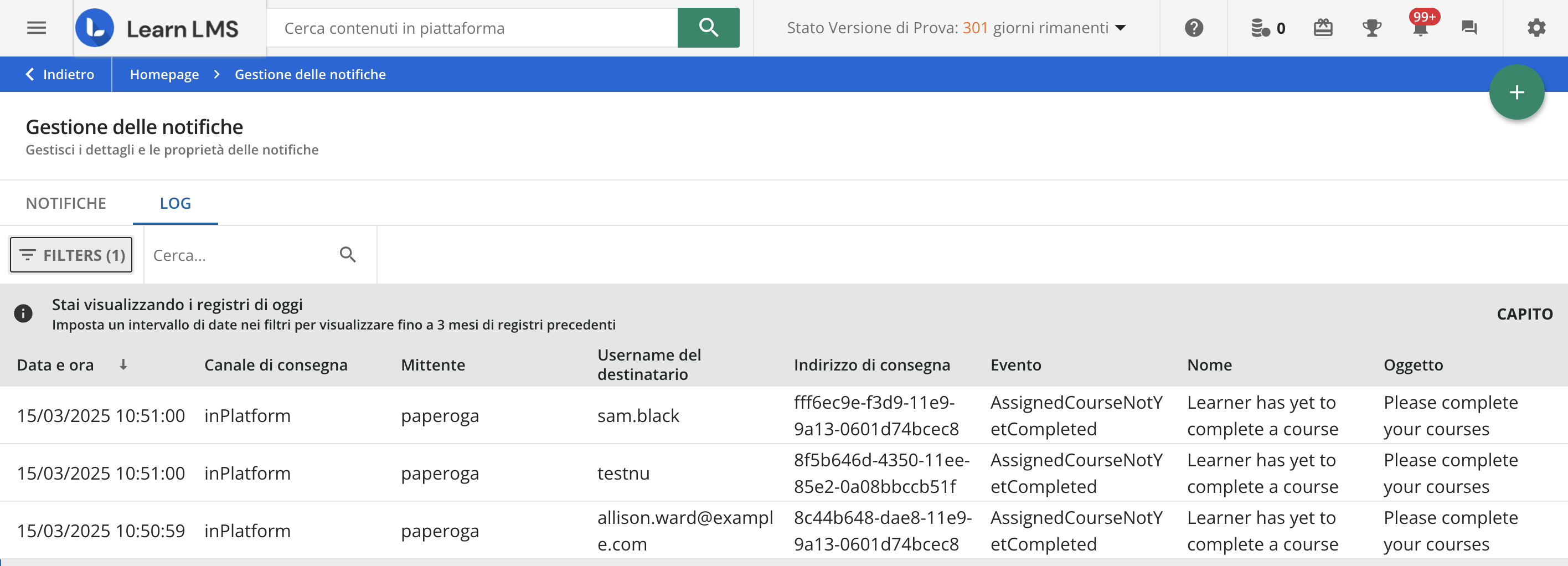 I registri delle notifiche.