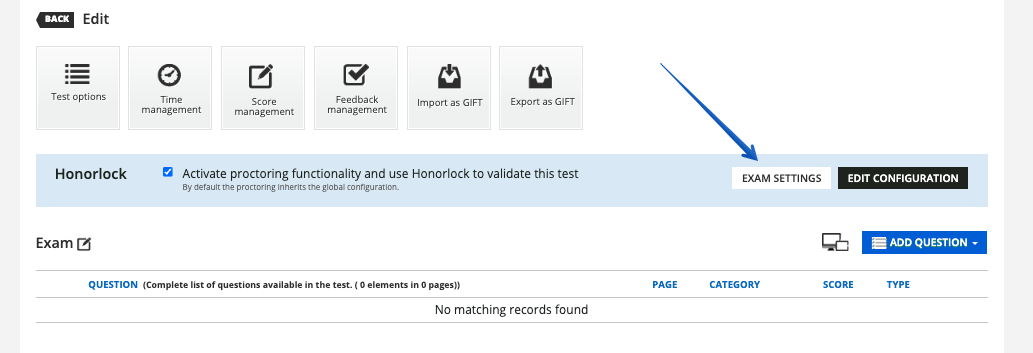 Pressing the exam settings button