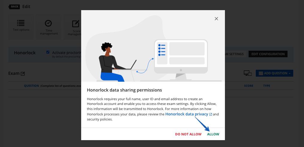 Accepting the Honorlock data sharing permissions