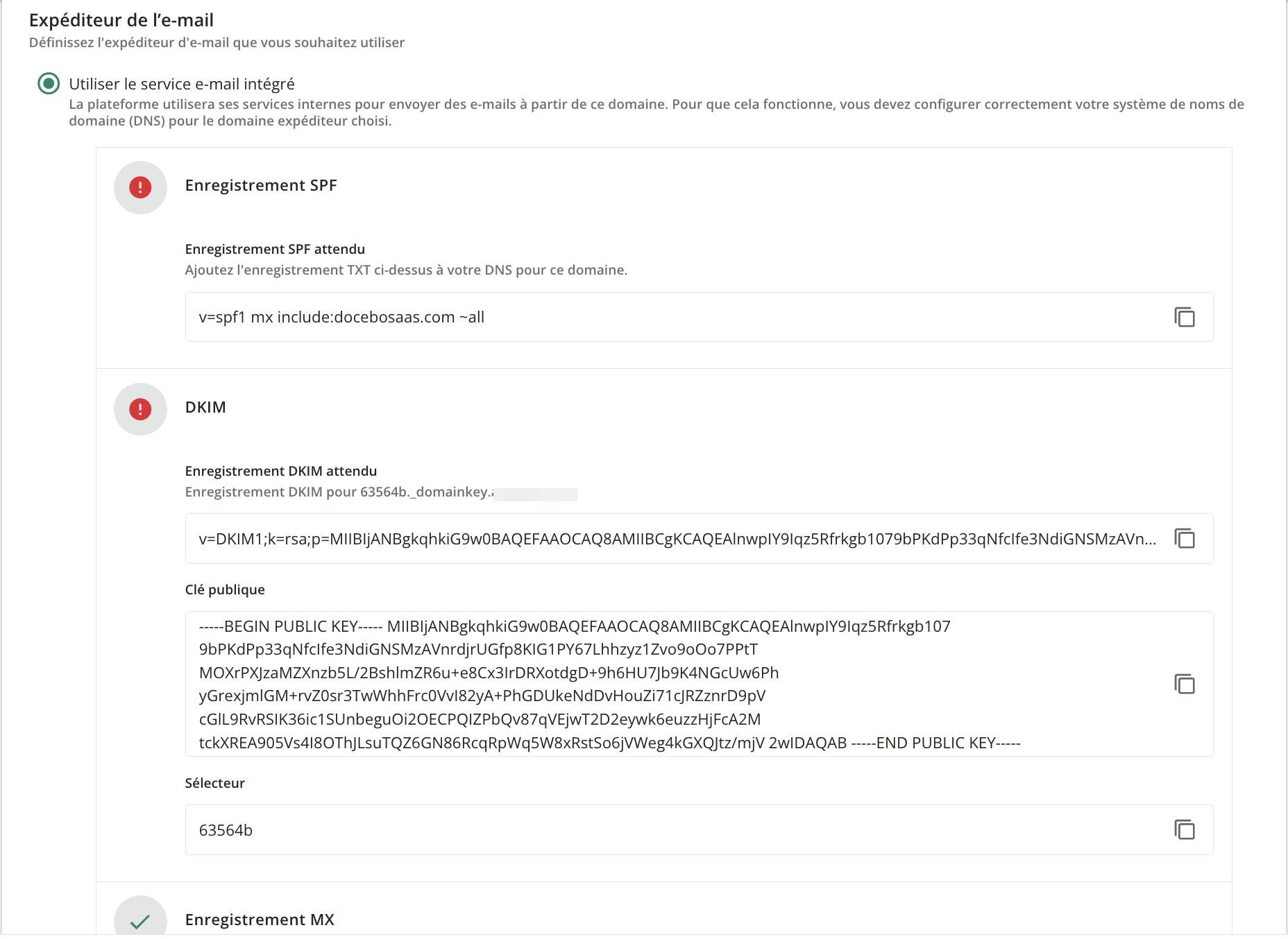 Gérer les paramètres d'un service d'e-mail intégré.