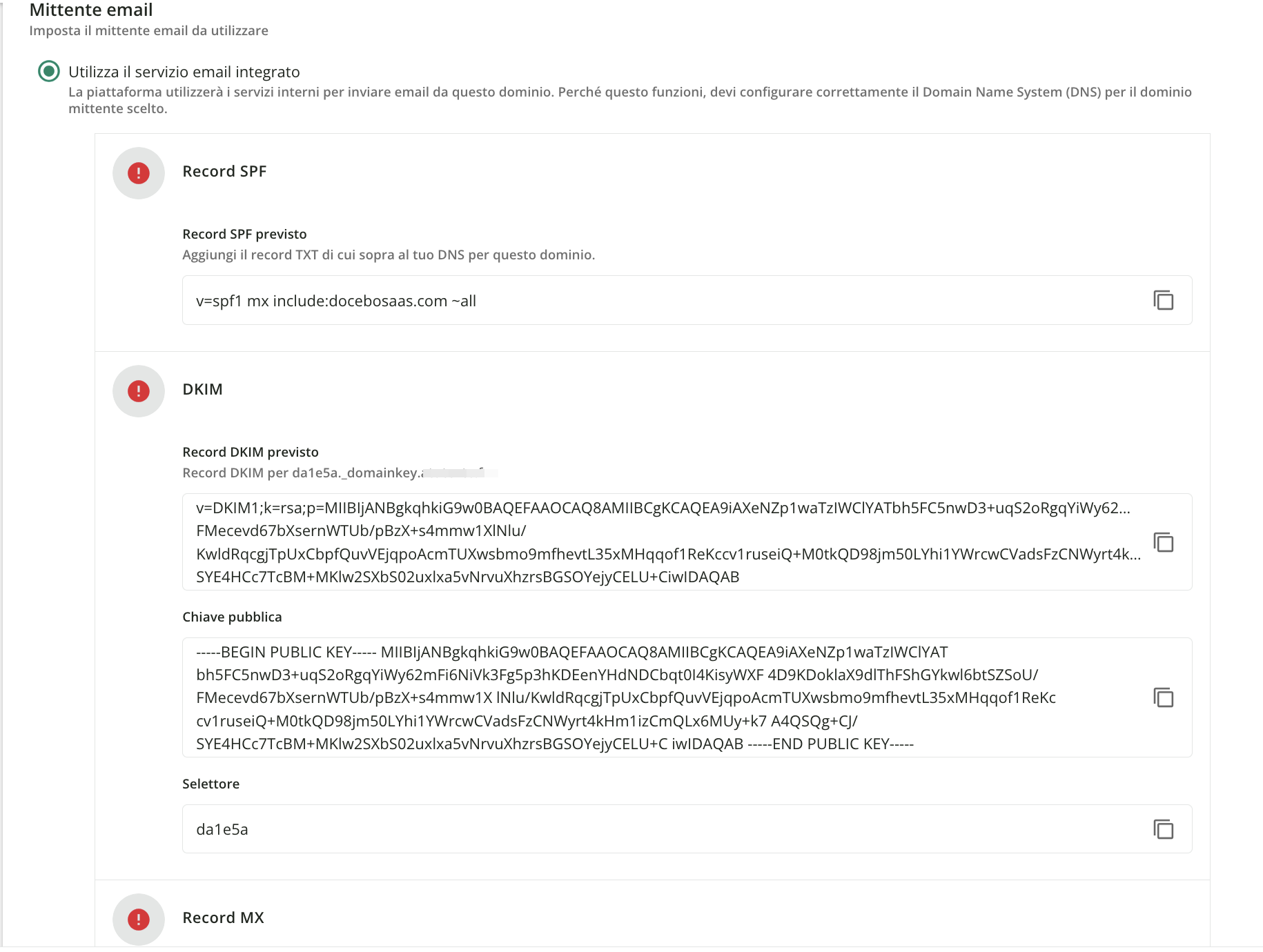 I parametri del server email integrato.