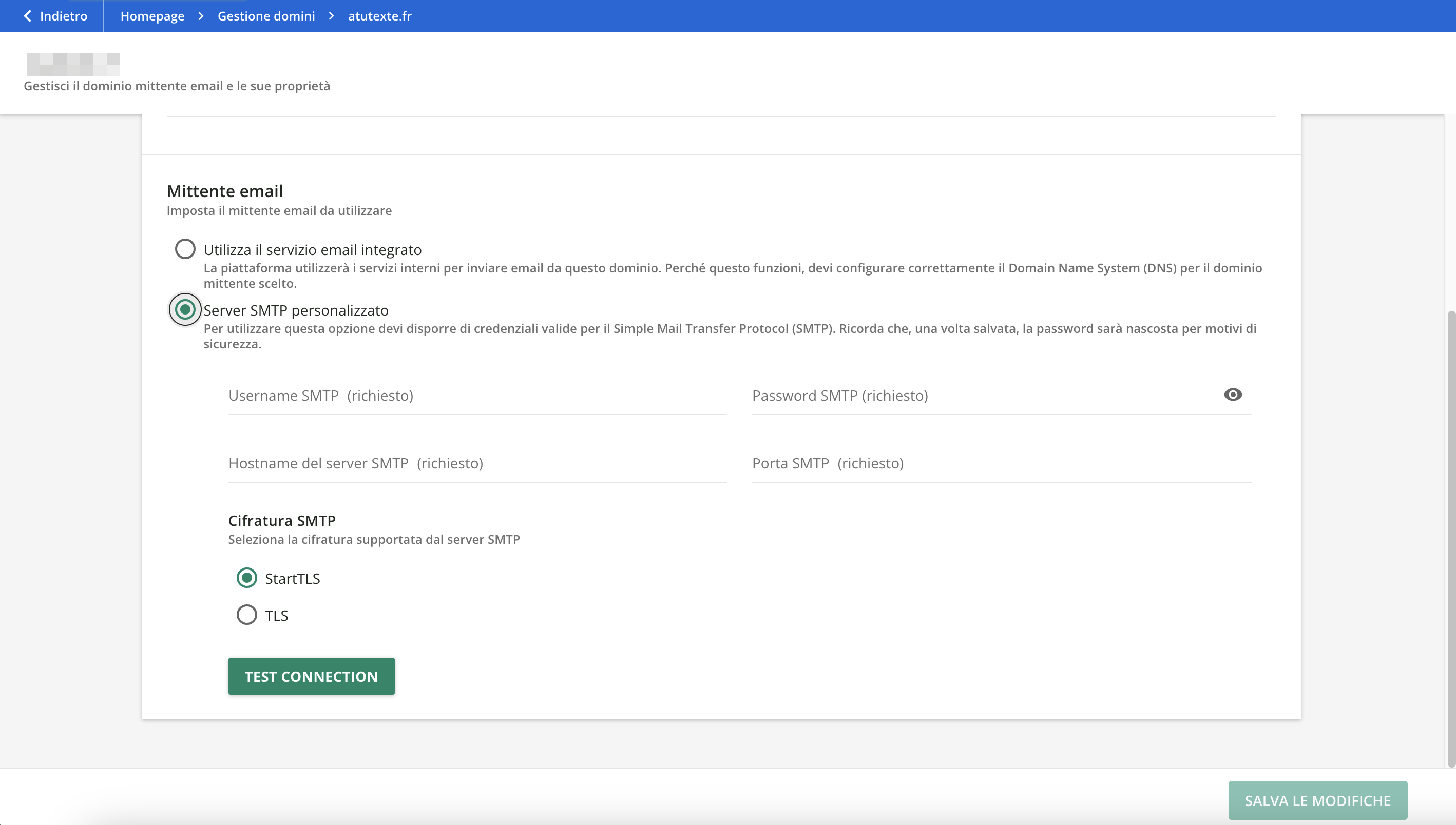 I parametri del server SMTP personalizzato.