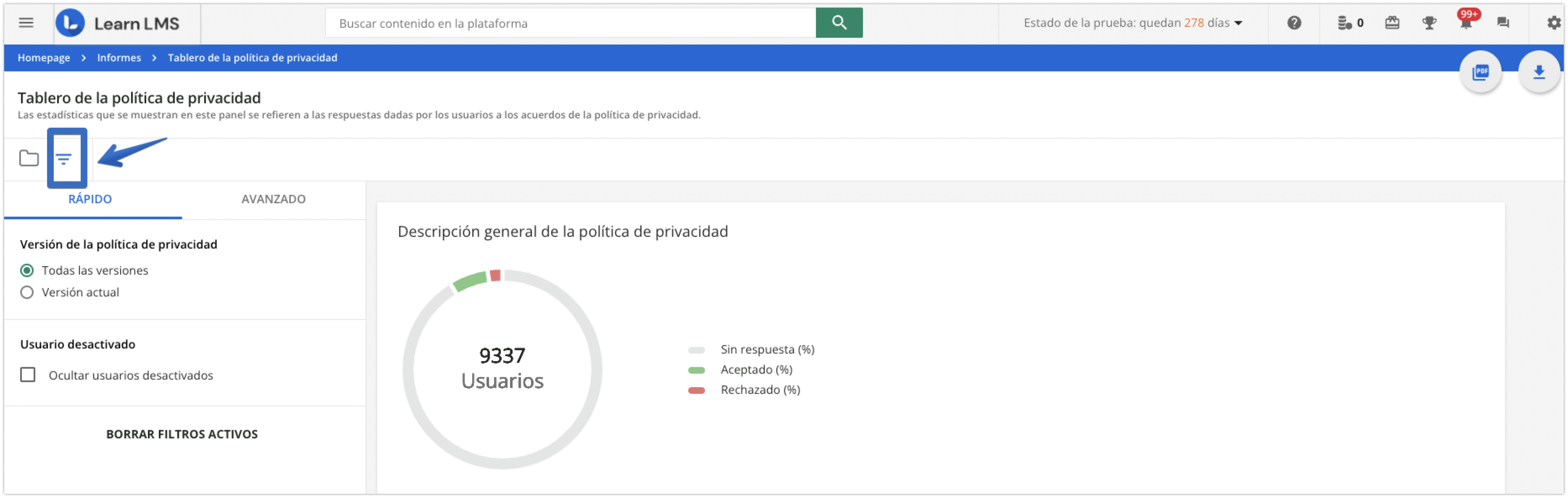 Filtros del tablero de la política de privacidad