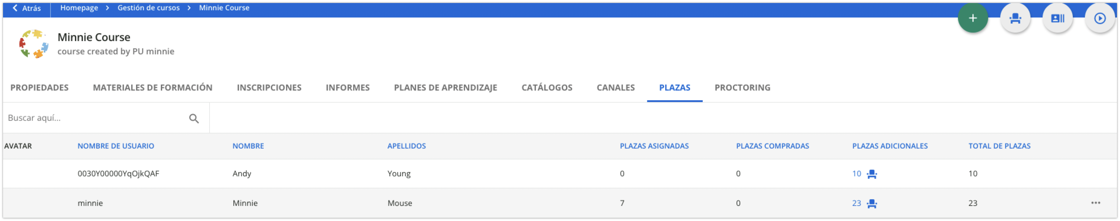 Vista de las plazas en un curso de pago