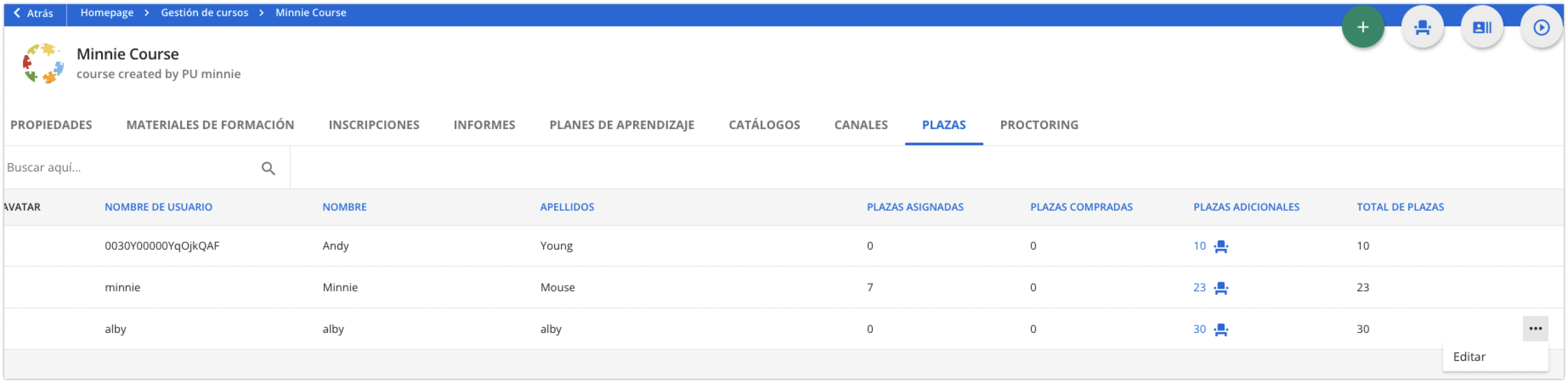 Opción de editar las plazas