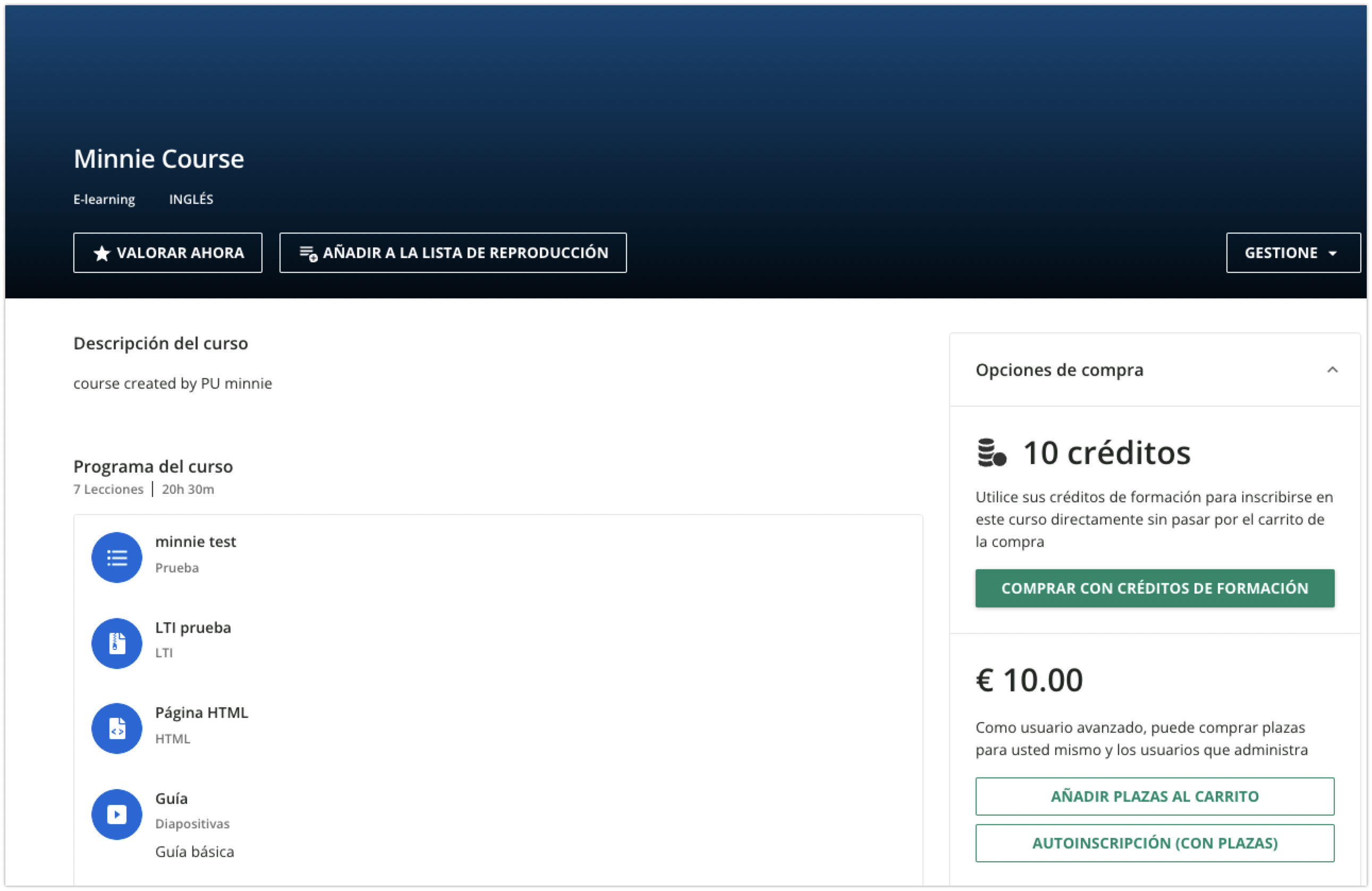 Adición de plazas a un curso como Usuario avanzado