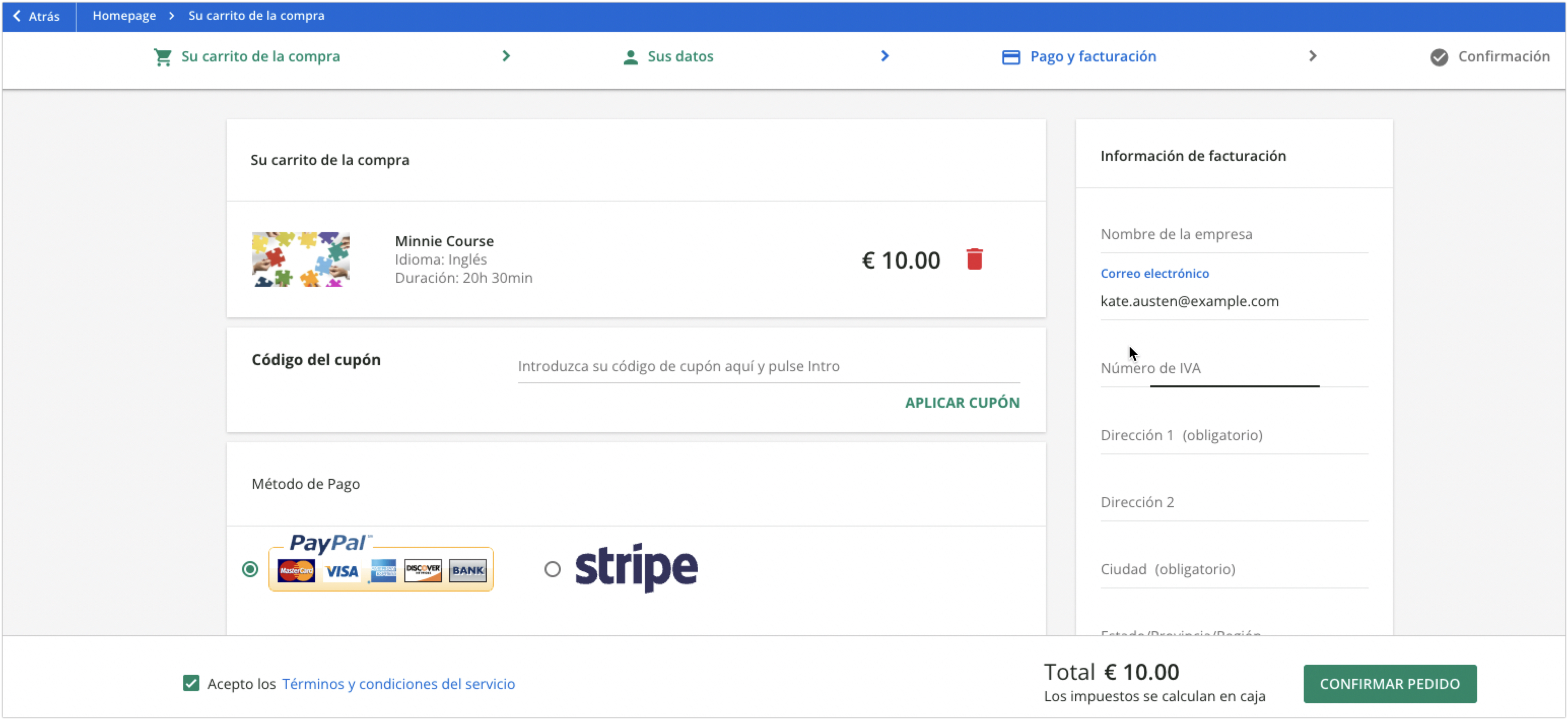 Confirmación del pedido en el carrito de la compra