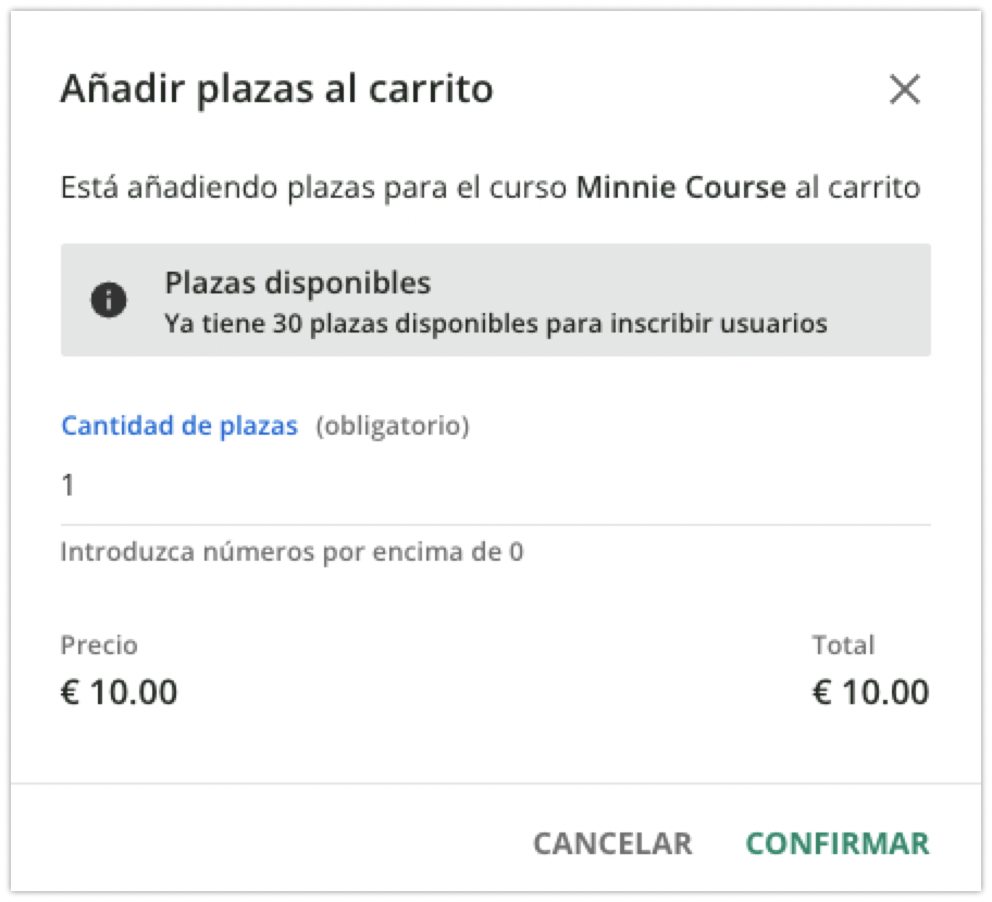Ventana emergente de adición de plazas al carrito