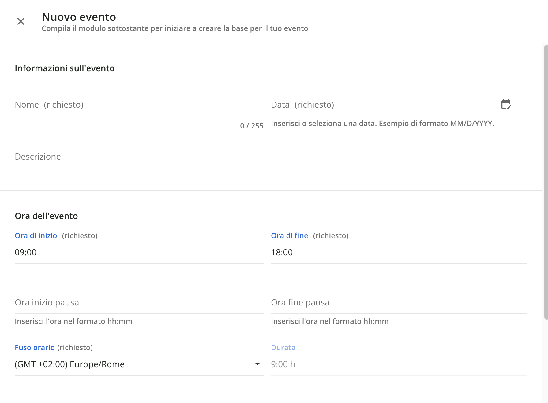 Creare un nuovo evento.