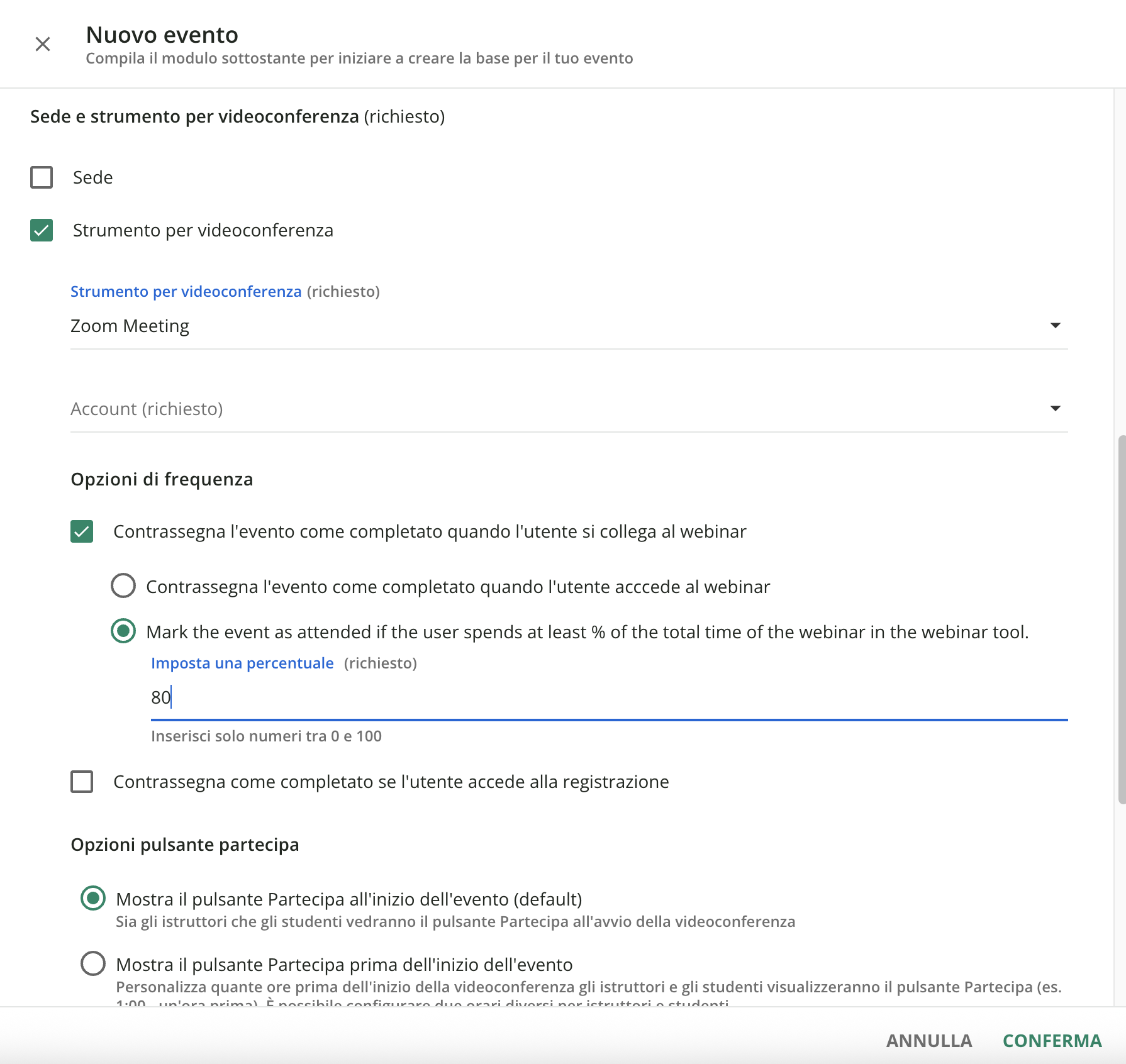 Configurazione del tracciamento delle presenze in base alla percentuale di partecipazione alla riunione in Zoom.