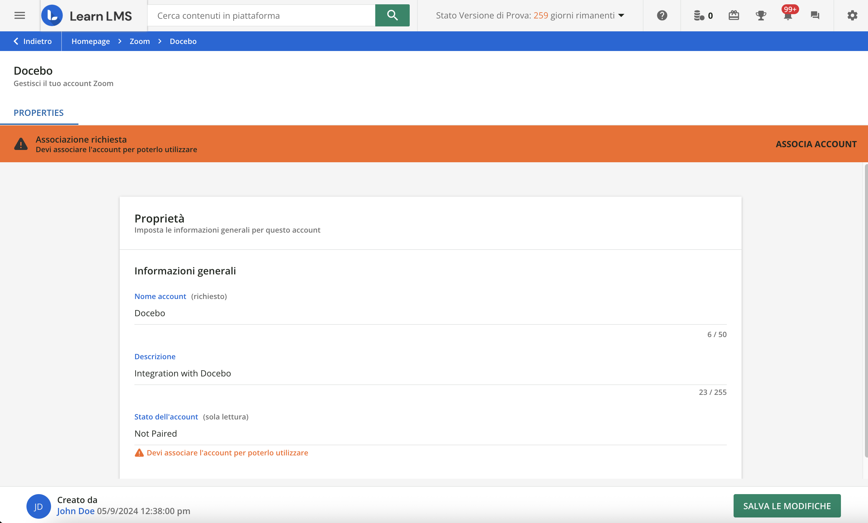 Il pulsante Associa account nella barra di notifica.