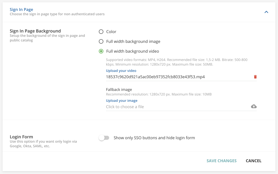 Caricare un video di sfondo per la pagina di login.