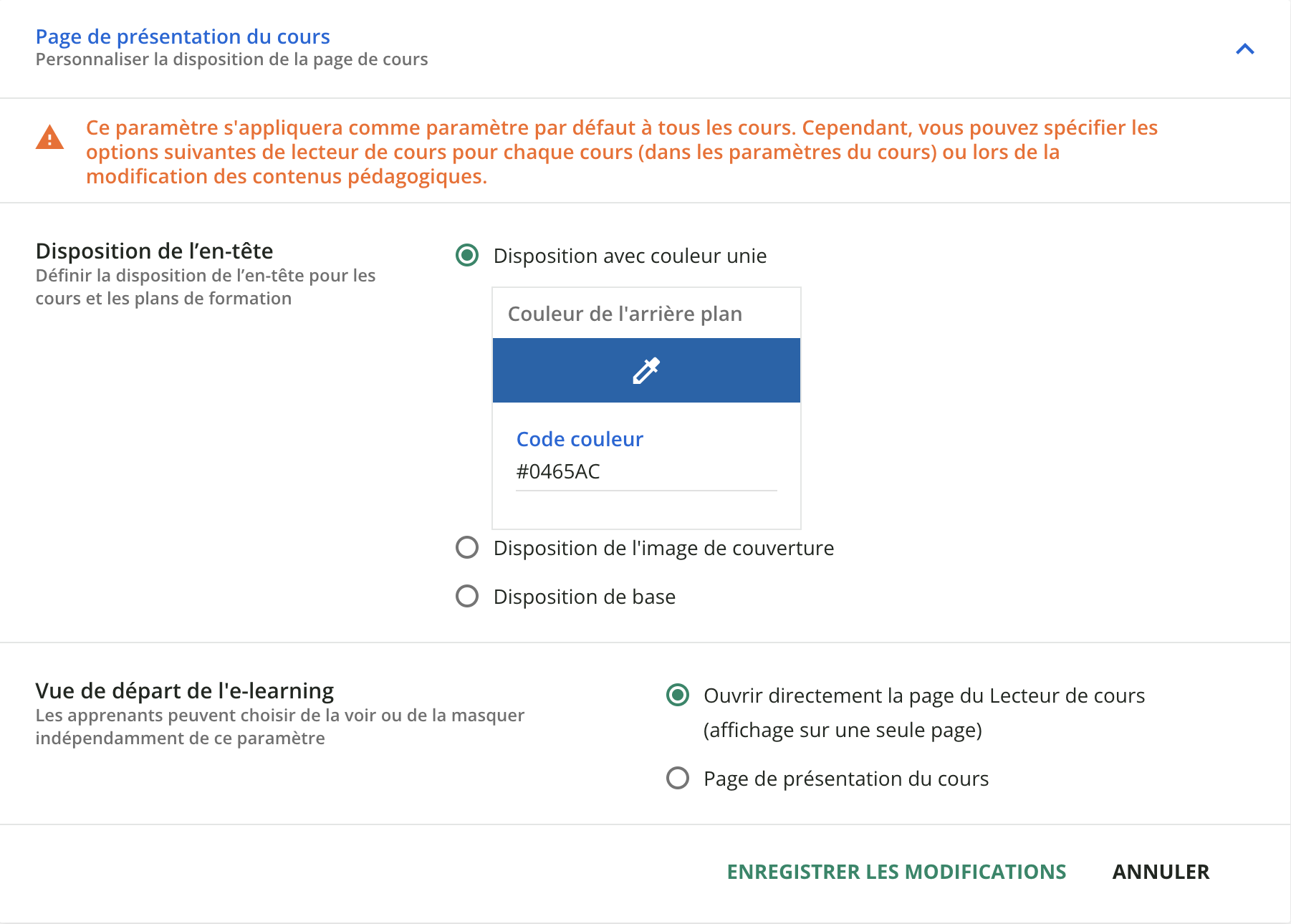La configuration de la Page de présentation du cours.