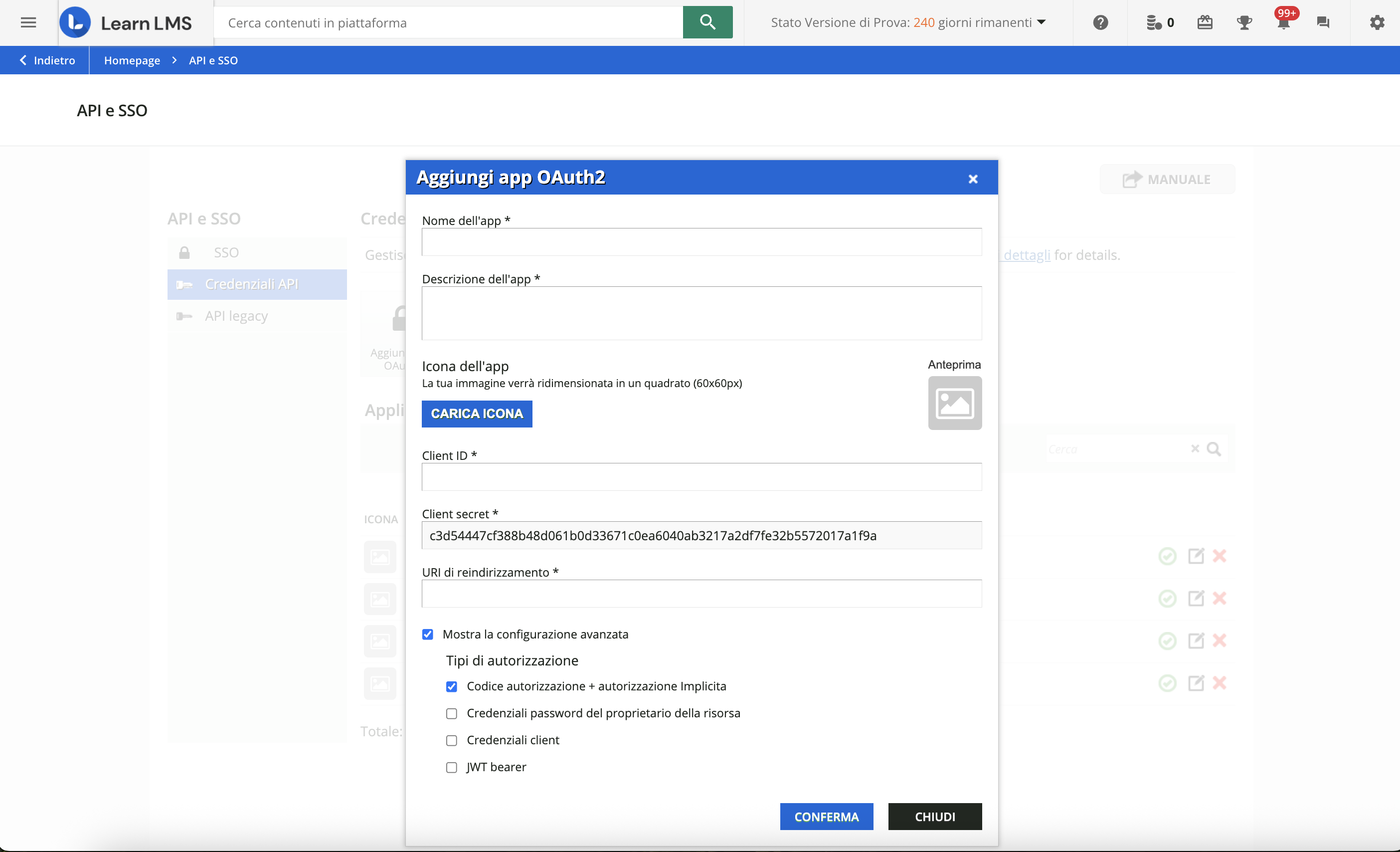 Le impostazioni dell'app API e SSO.
