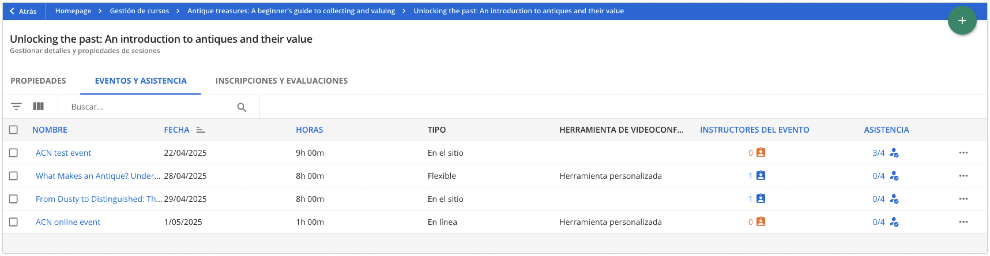 Pestaña Eventos y asistencia de una sesión