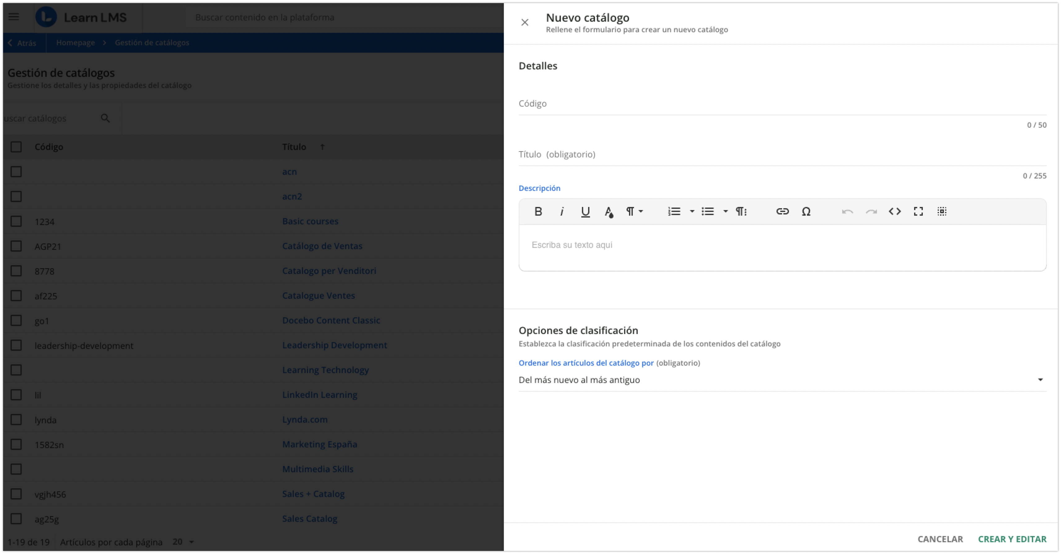 Crear nuevo catálogo