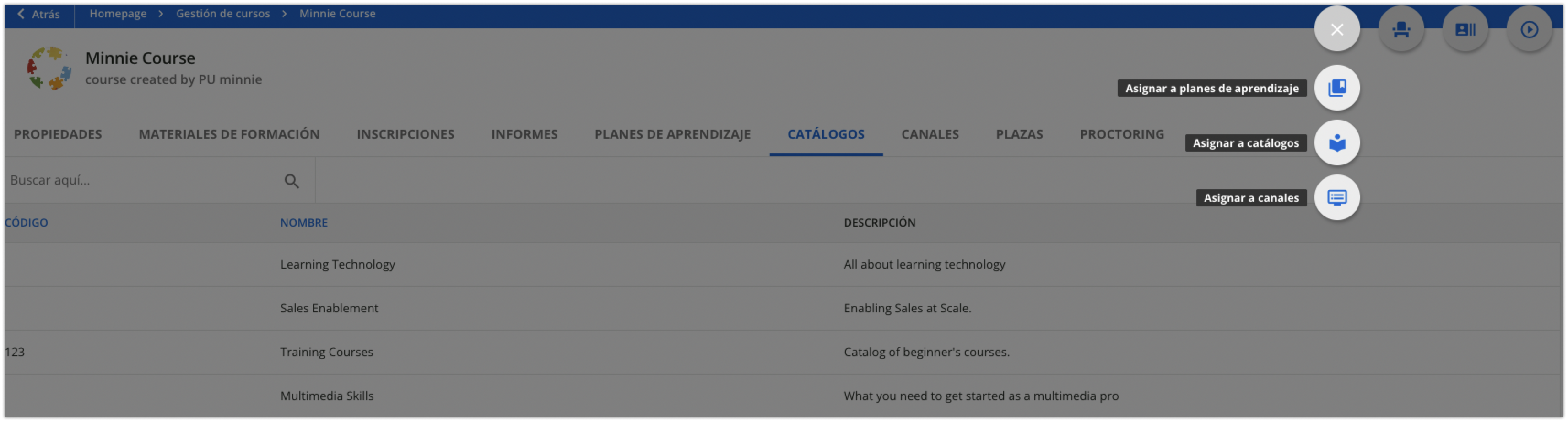Asignación de un curso a catálogos
