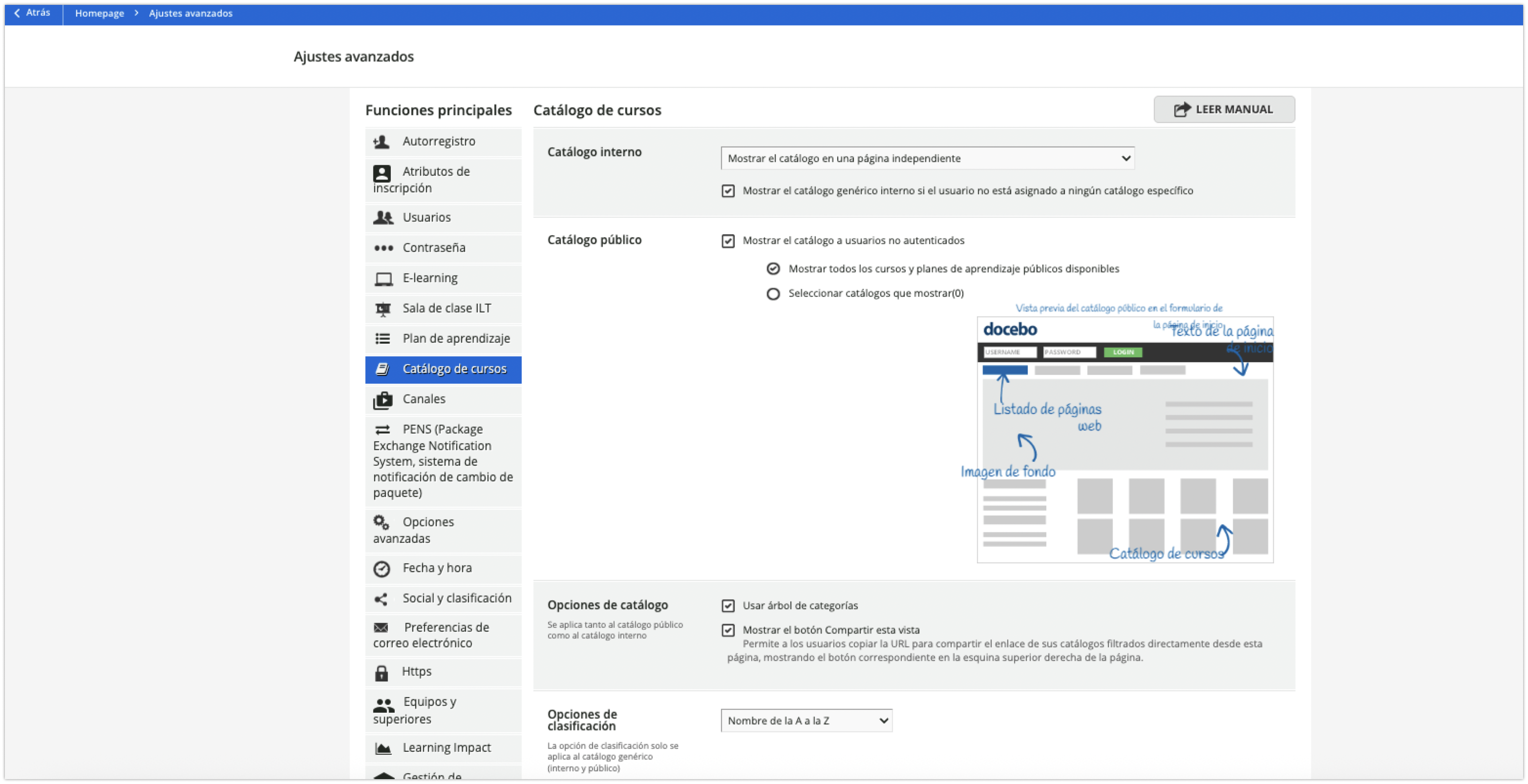 Pestaña vertical Catálogo de cursos en los Ajustes avanzados