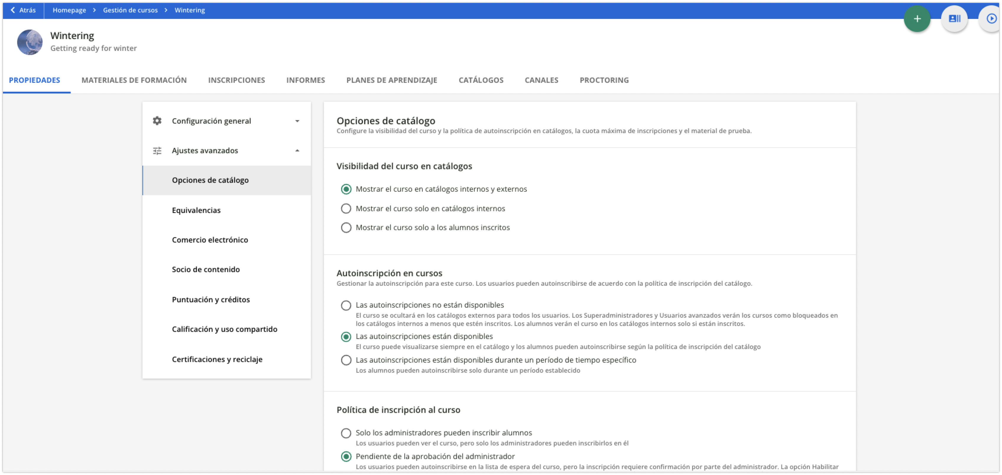 Opciones de catálogo de un curso