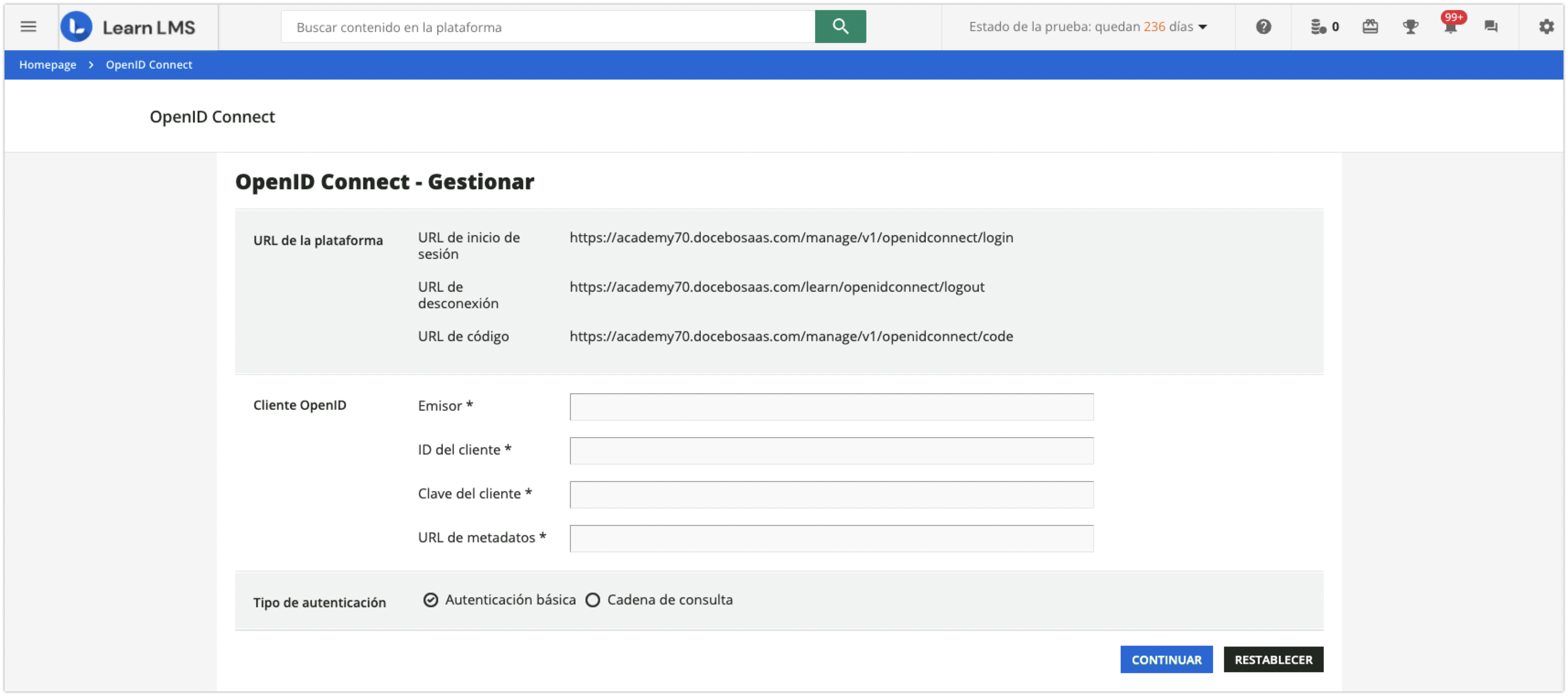 Página principal de Docebo para OpenID Connect