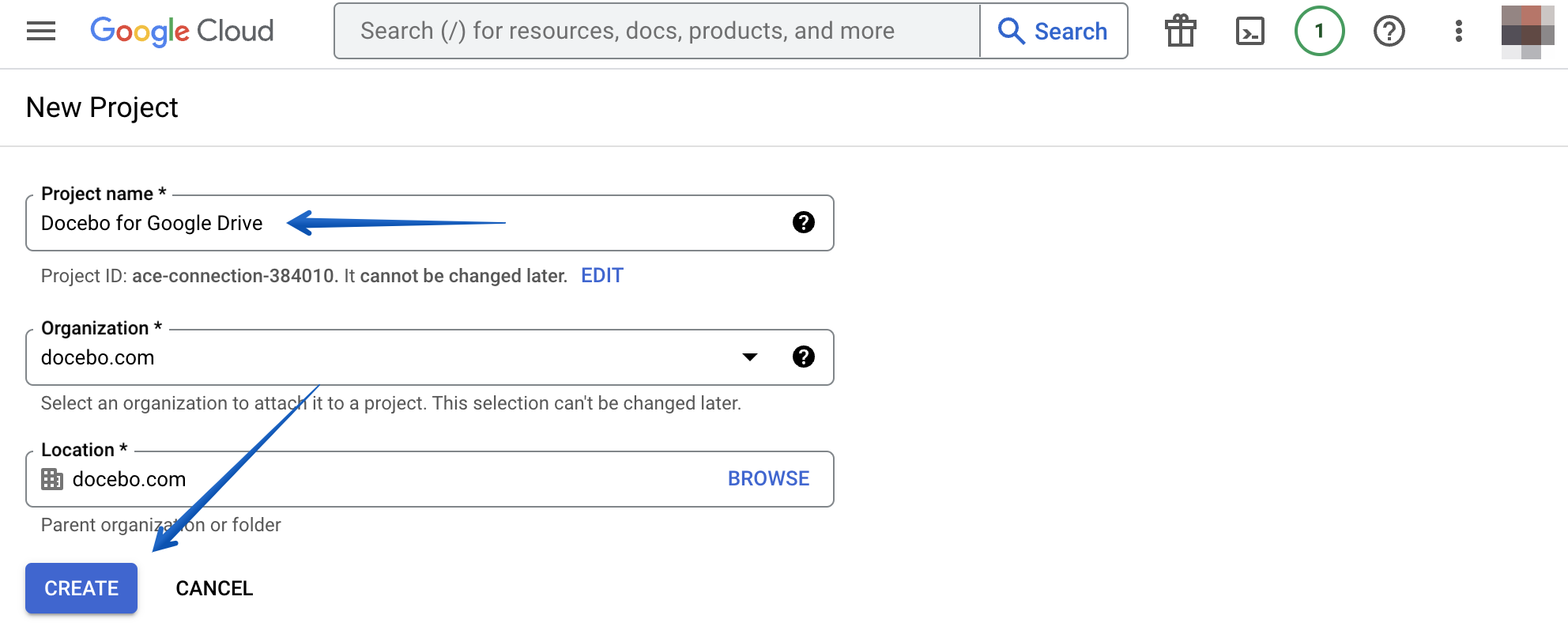 Entering the project details and pressing the create button