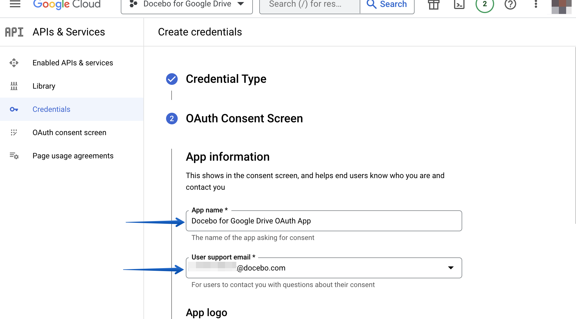 Naming the app and selecting the appropriate email address