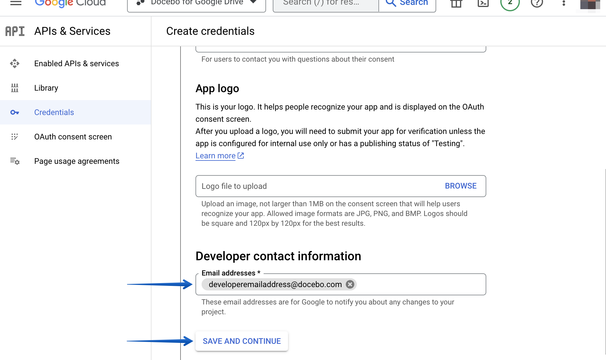 Entering the developer contact information, then pressing Save and Continue
