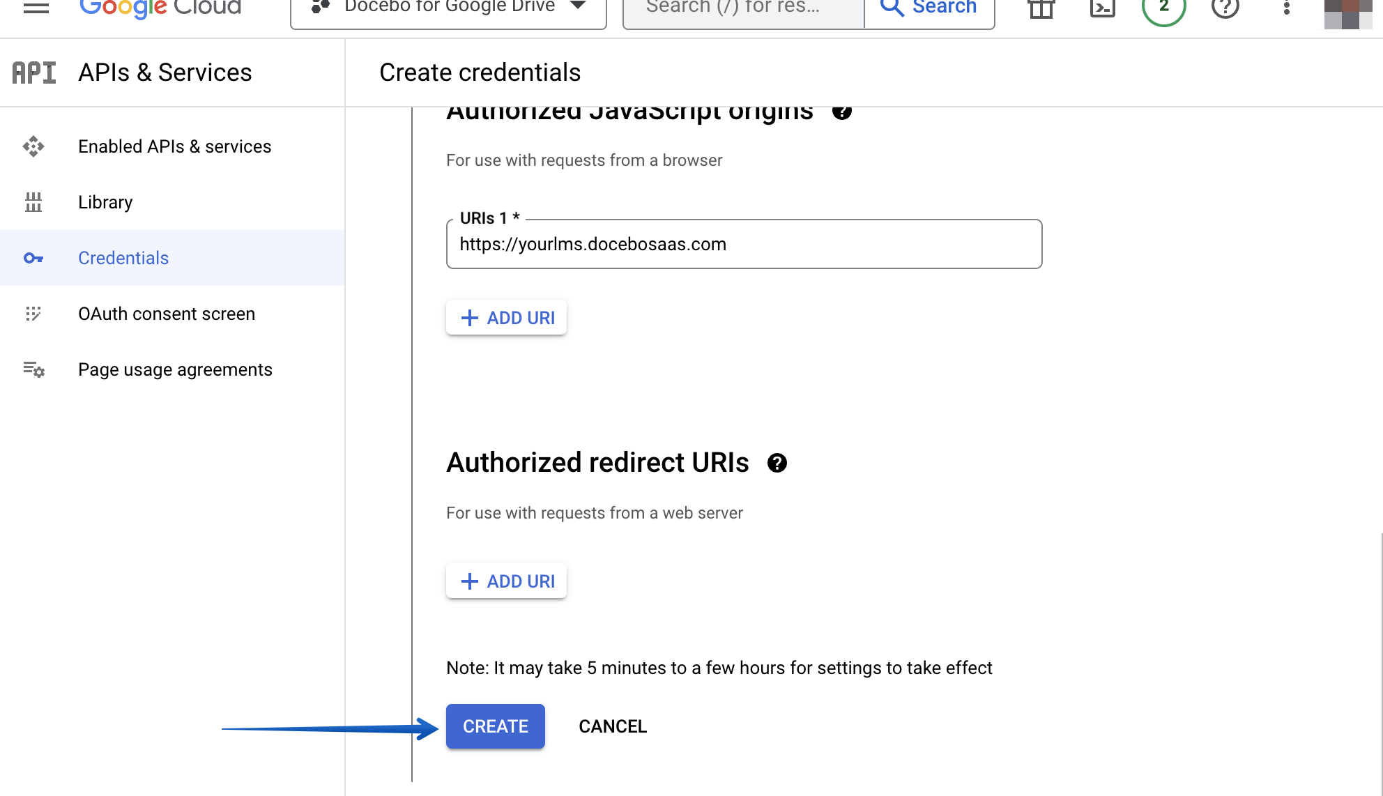 Pressing the Create button