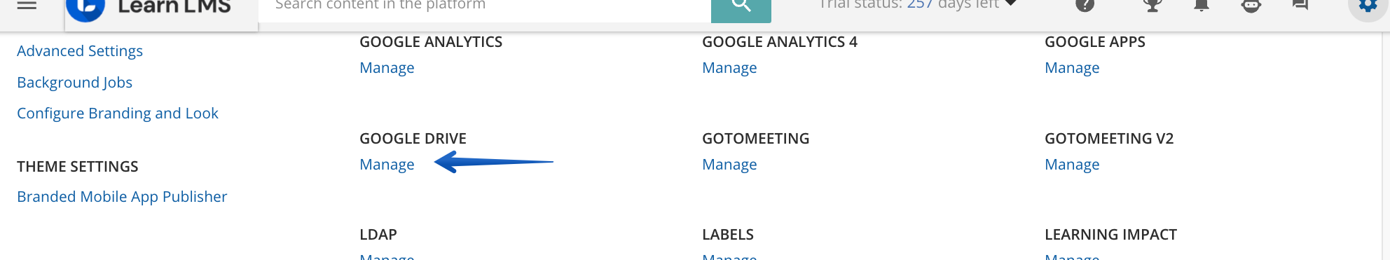 Accessing the Google Drive Manage item in the Admin Menu