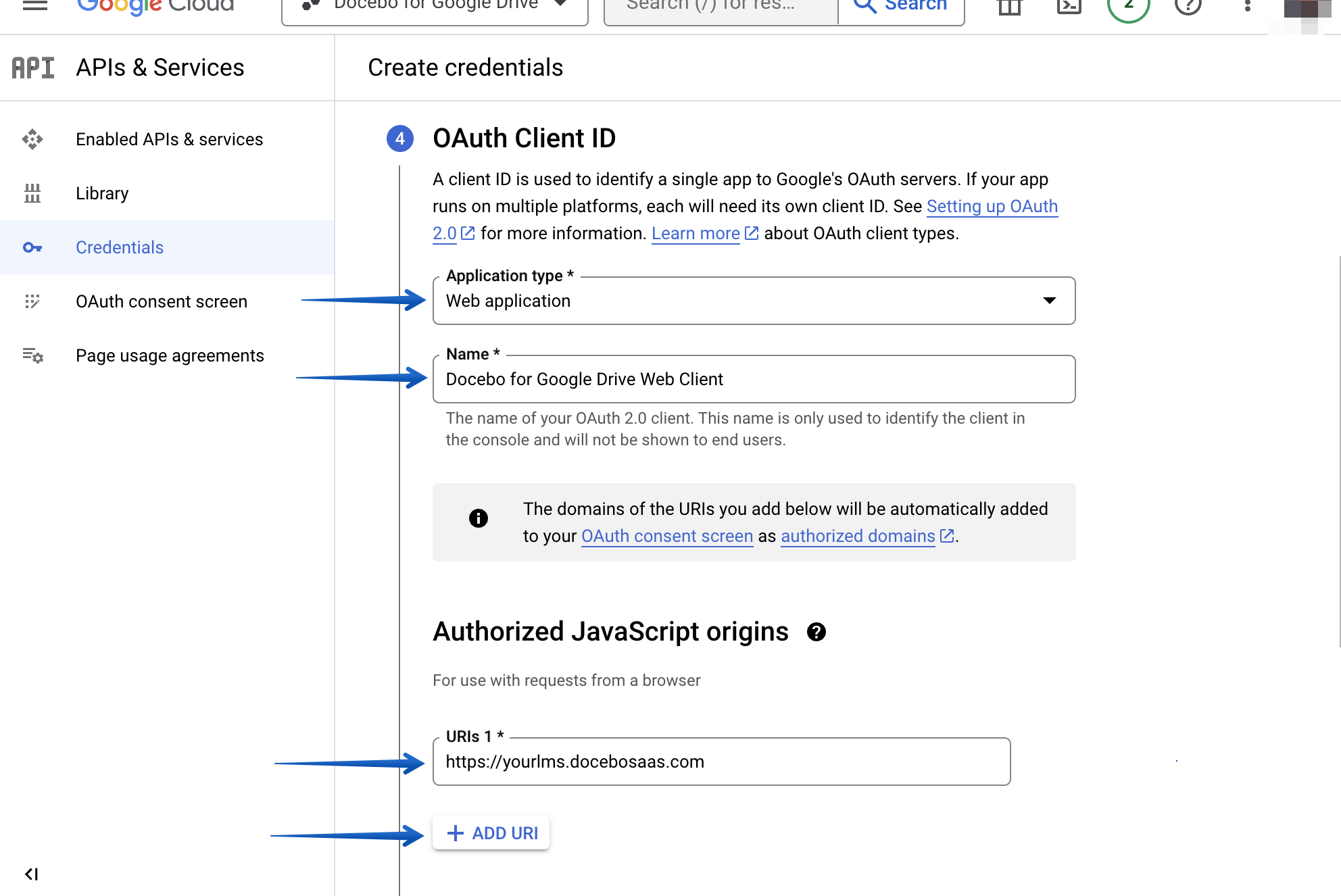 Selecting the Web application Application type, giving the app a name and adding your platform to the Authorized Javascript origins section after pressing the Add URI button