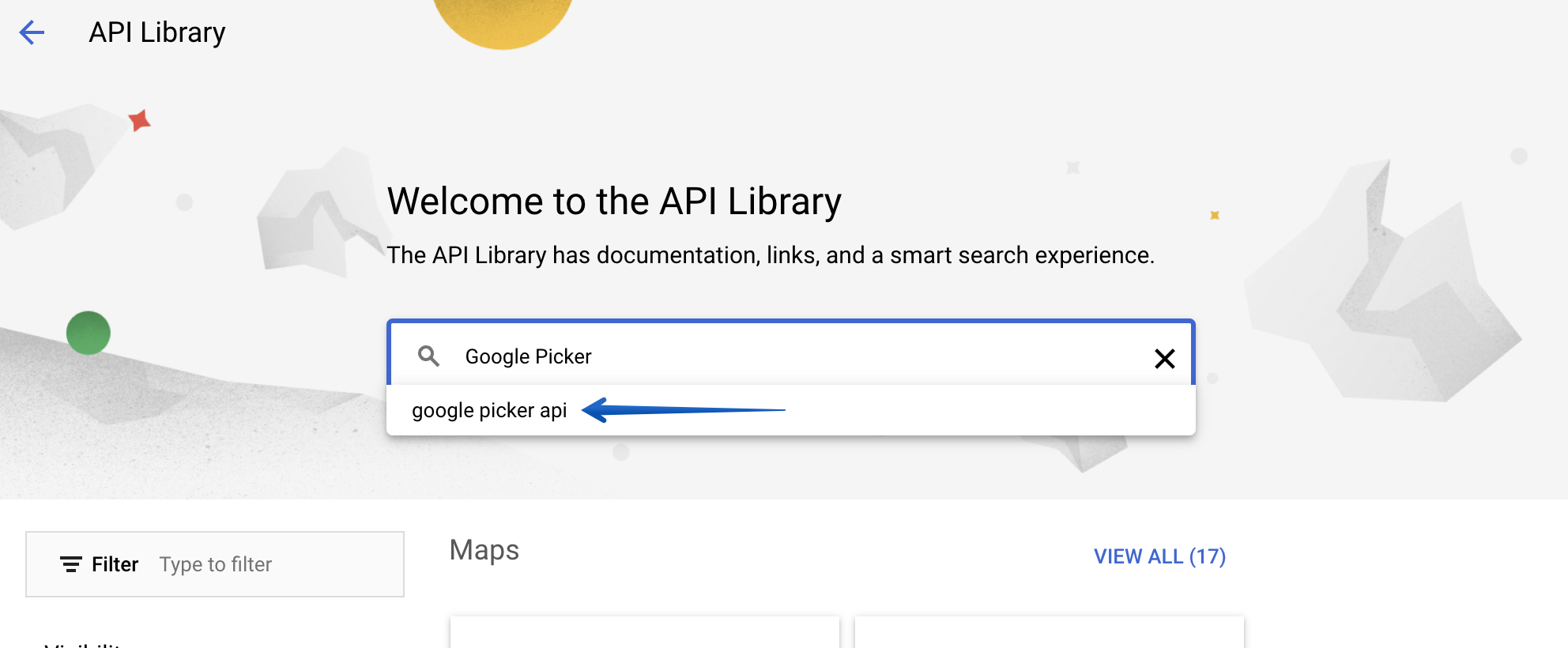 Searching for Google Picker API in the API Library Page