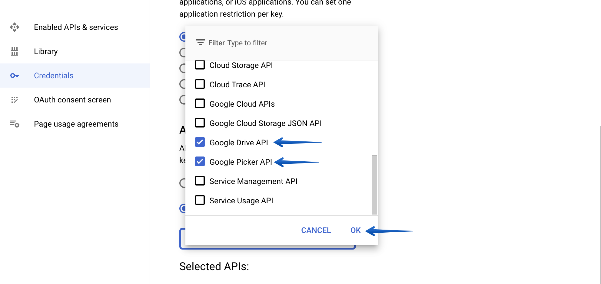 Selecting Google Drive API and Google Picker API, then pressing OK