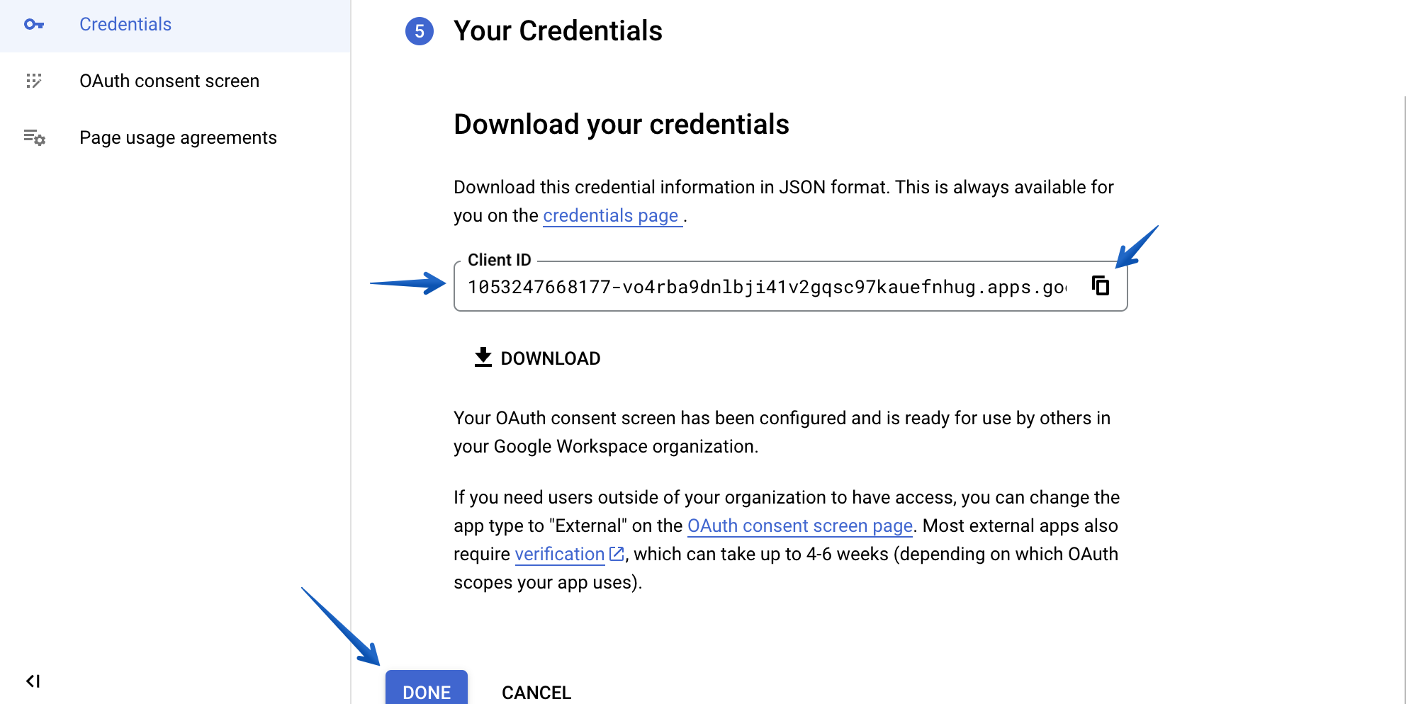 Copy and paste the displayed credentials for later use, press Done