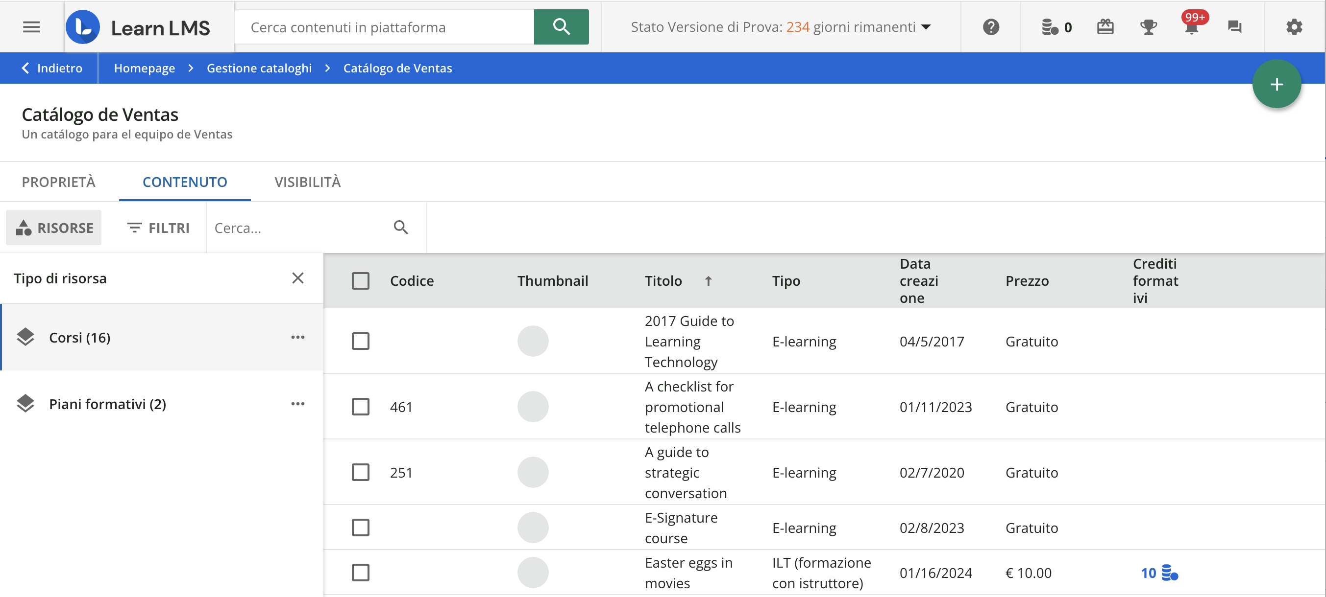 La scheda di gestione dei contenuti di un catalogo.