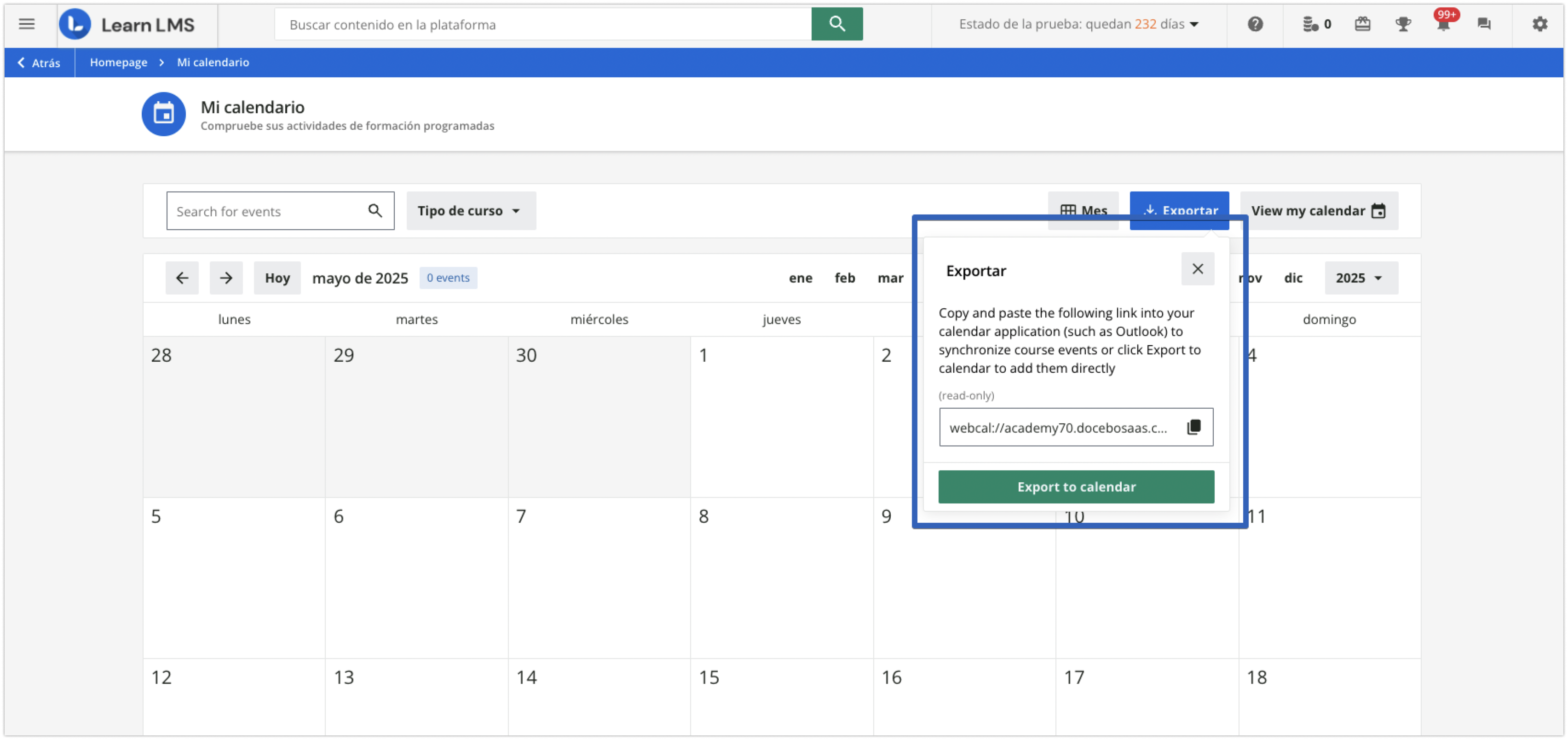 Área Exportar calendario