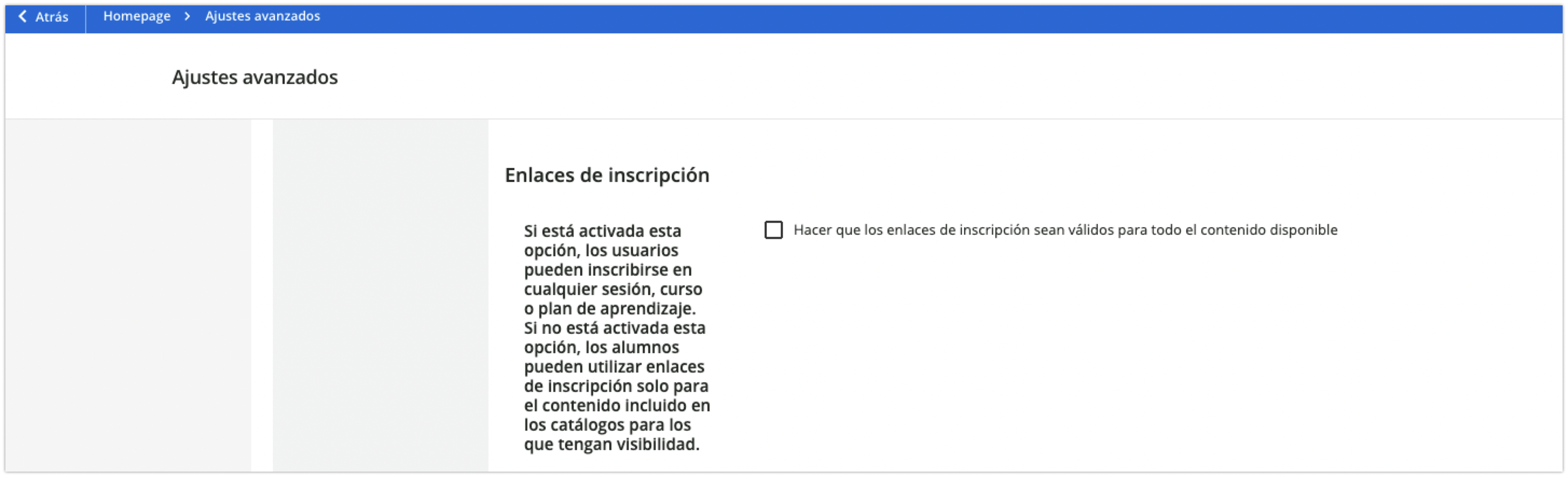 Configuración de la opción de visibilidad de los enlaces de inscripción