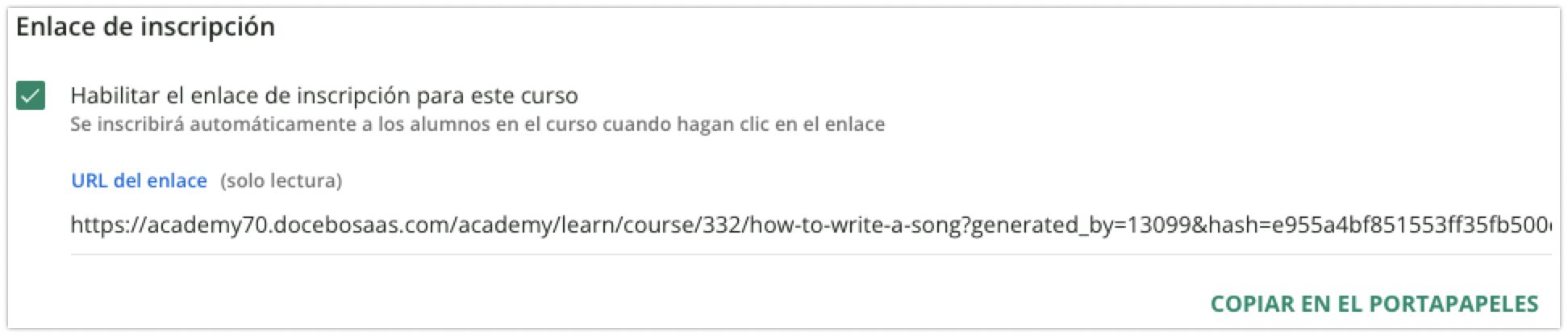 Opción Habilitar enlace de inscripción