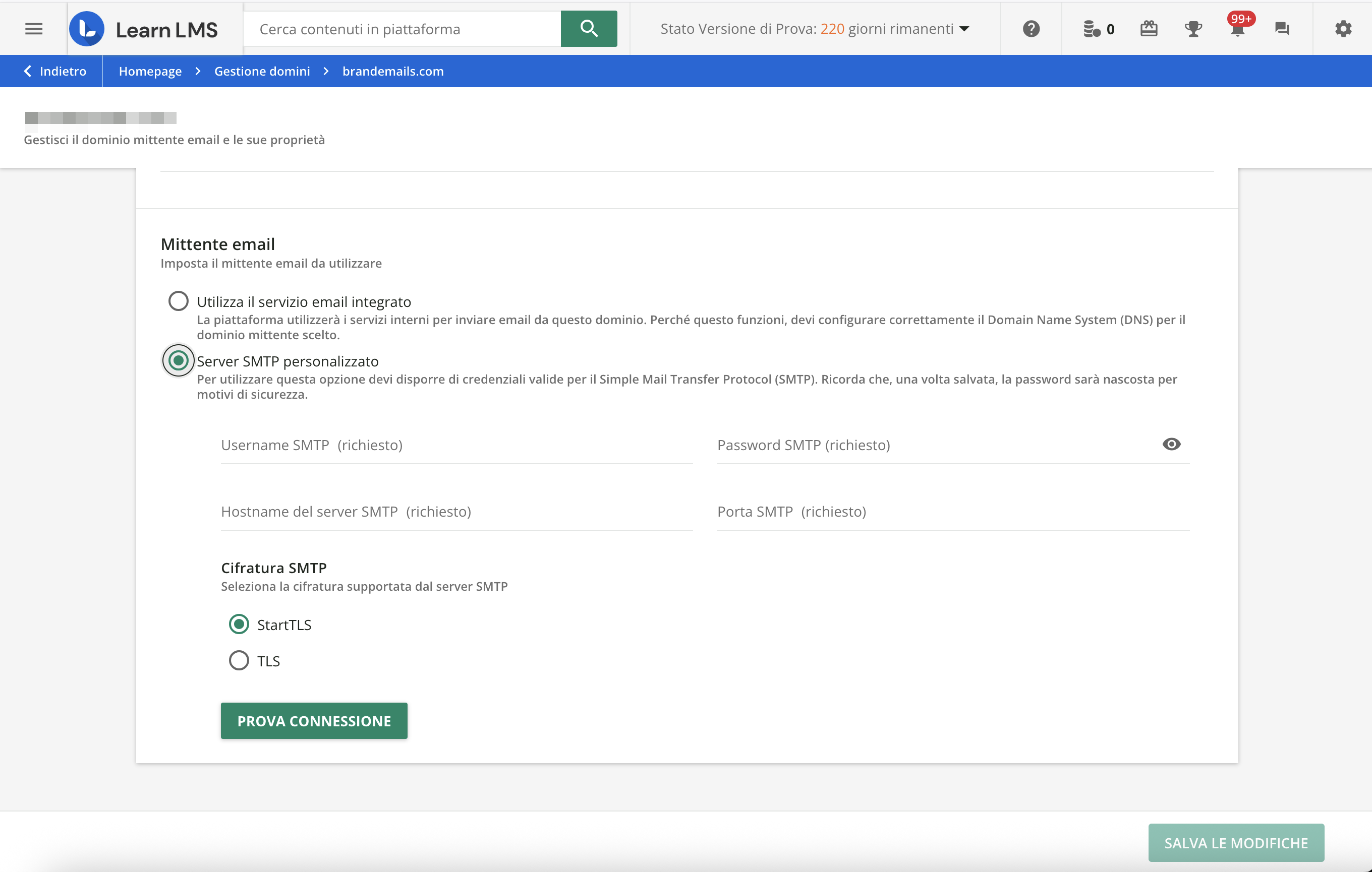 I parametri del server SMTP personalizzato.