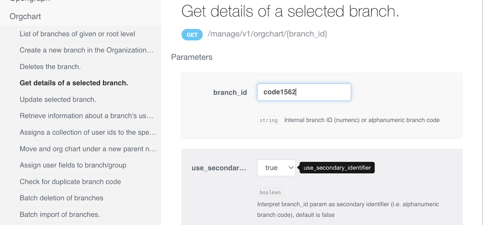 La configurazione dei codici di rami nell'API browser di Docebo.