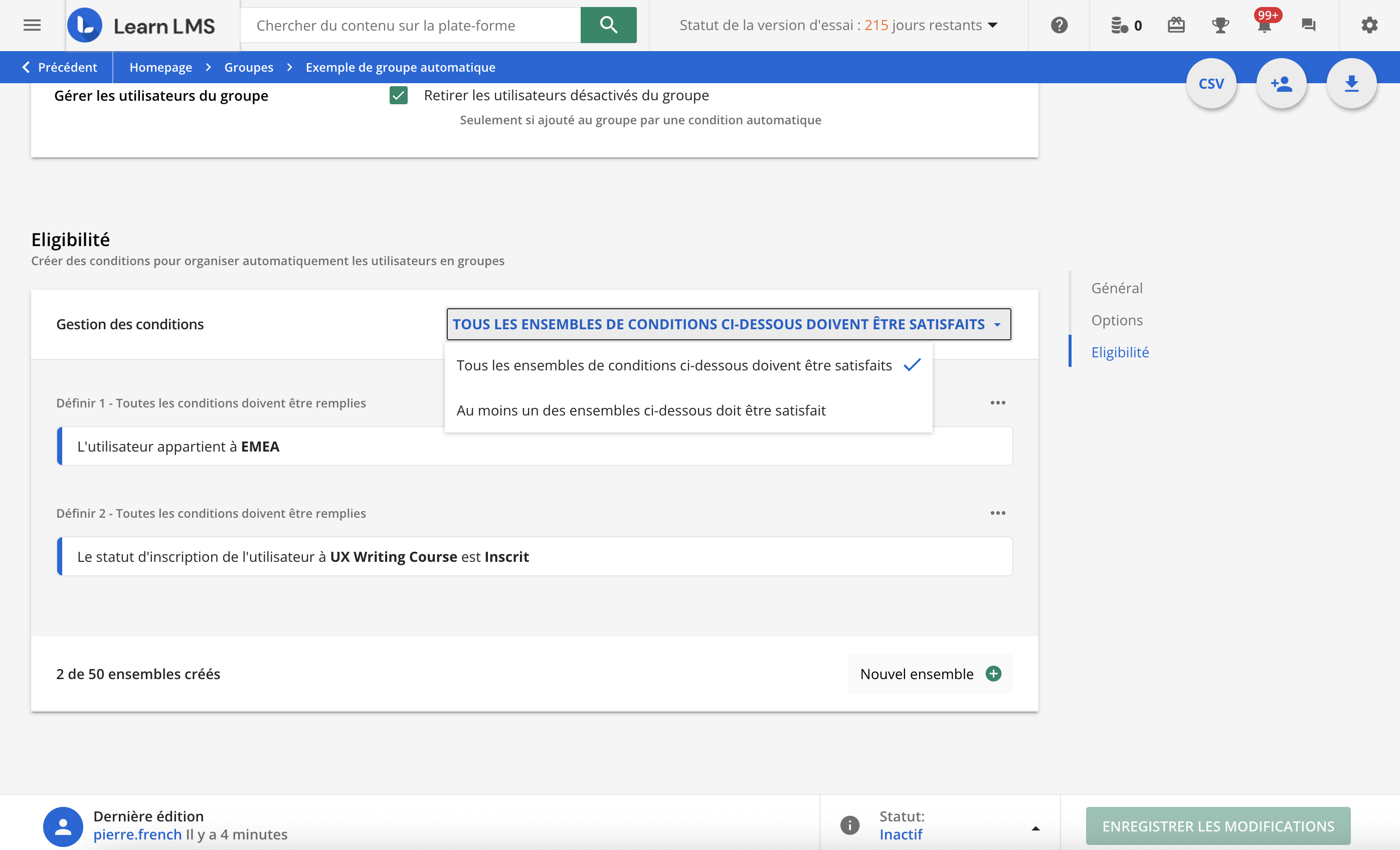 Gérer le mode d'application des conditions.