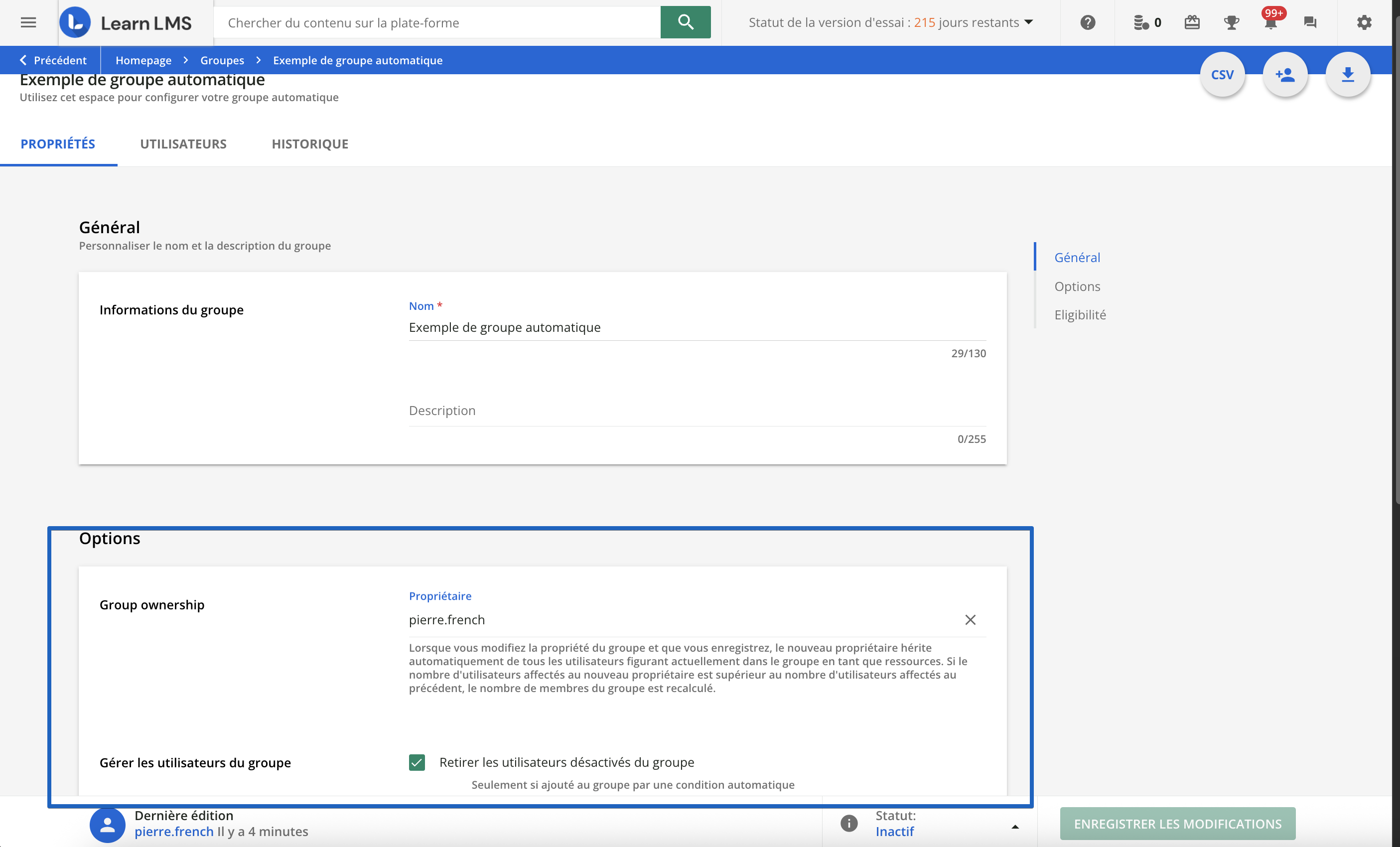 Le menu de gestion des propriétés d’un groupe.