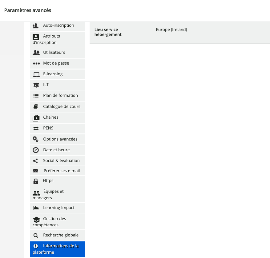 Consulter la région d'hébergement de la plateforme.