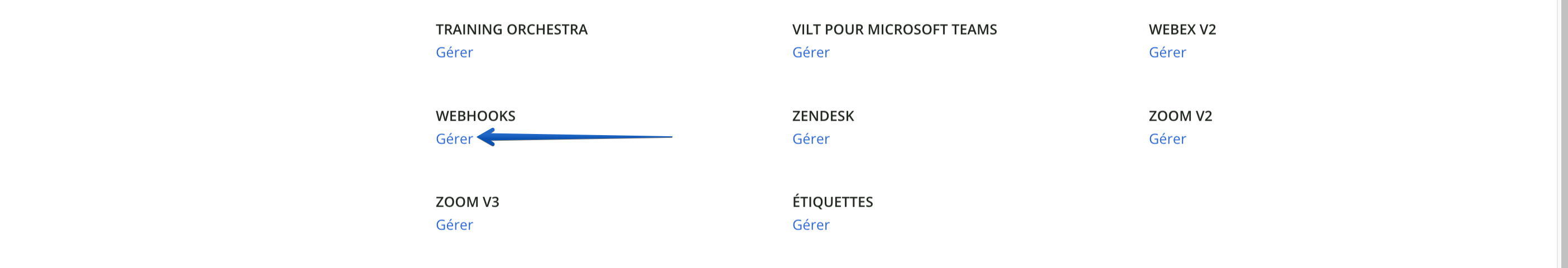 Accéder au menu de gestion des webhooks.