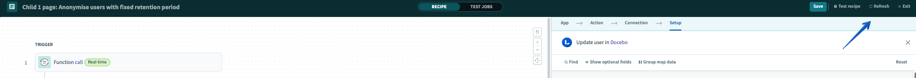 Pressing Refresh in the recipe editor to import user additional fields from the platform