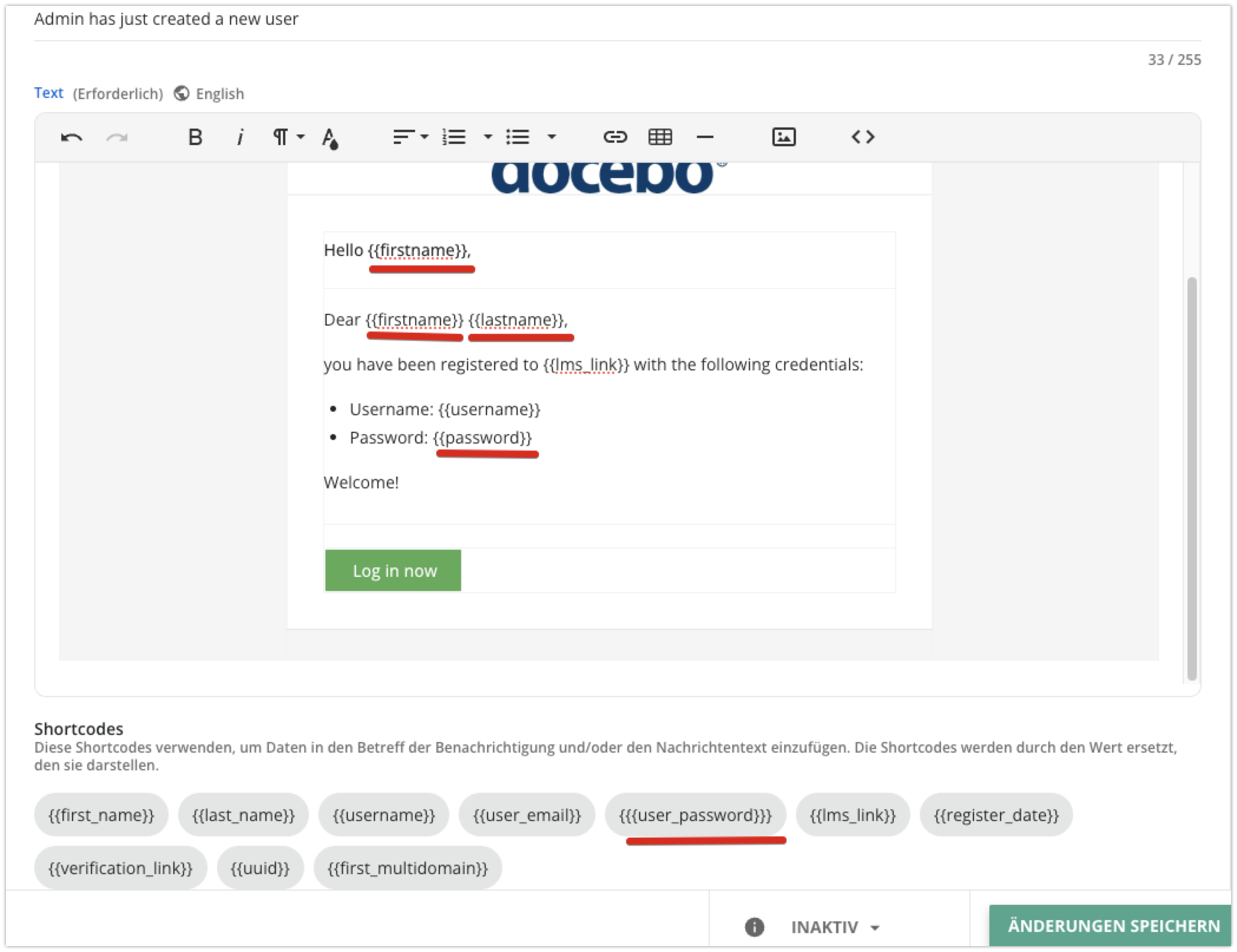 Benachrichtigung mit flaschen Shortcodes