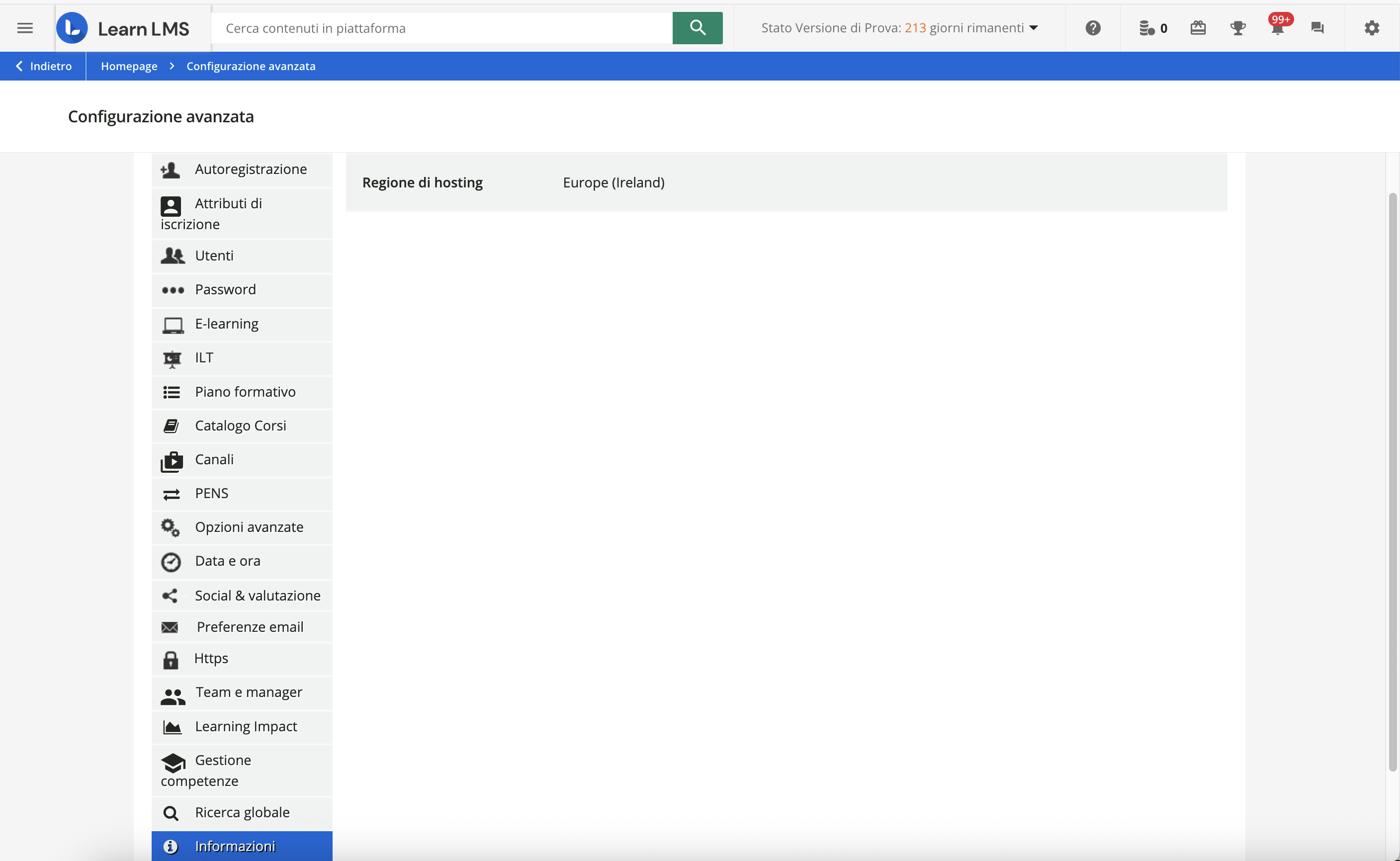 Visualizzare la regione di hosting della piattaforma.