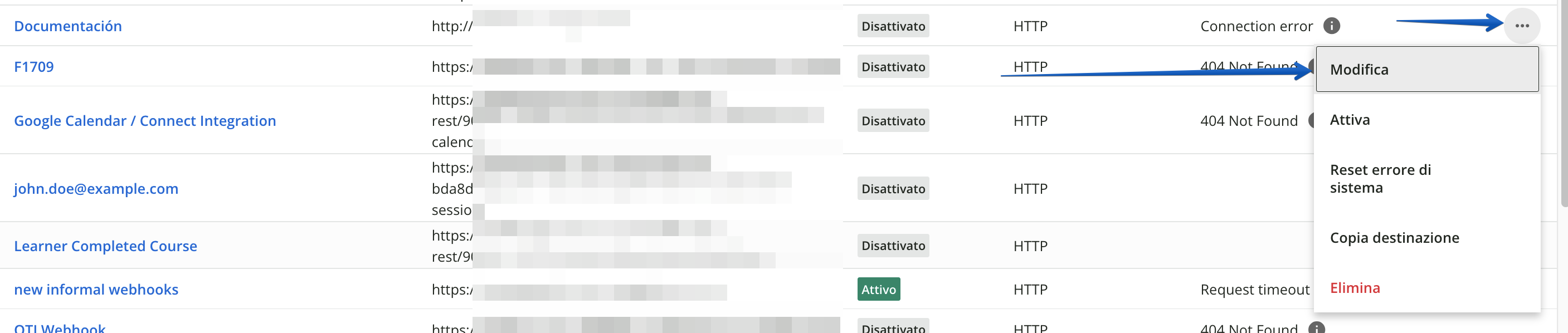 Modificare il webhook da aggiornare.