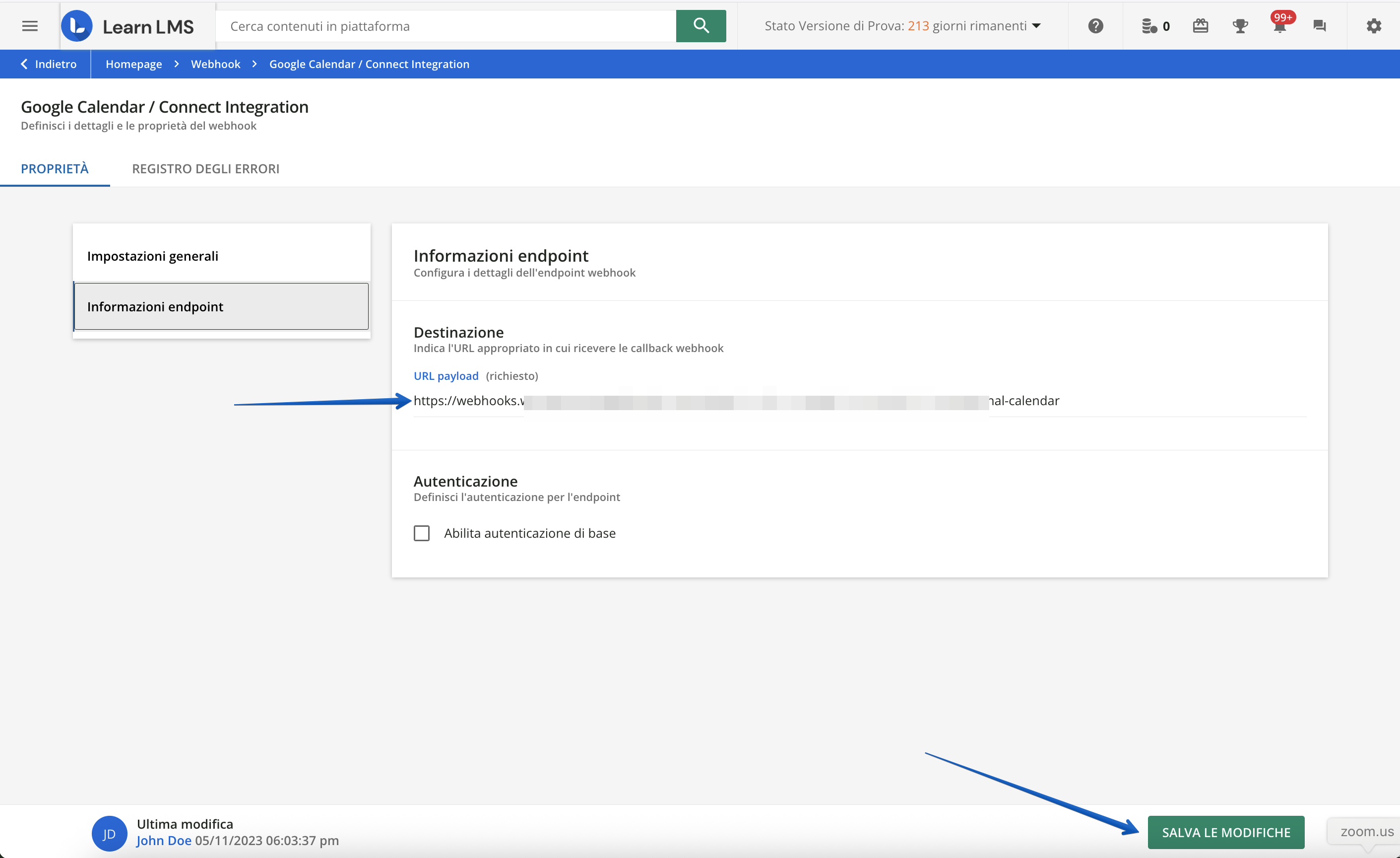 Modificare l'URL payload.